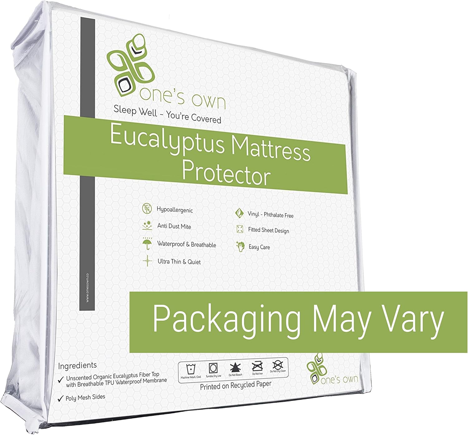 One's Own Mattress Protector, Renewable Organic Tencel/Eucalyptus Fiber Top, TPU Waterproofing, Hypoallergenic, Five-Sided, White (King) Pack of 2