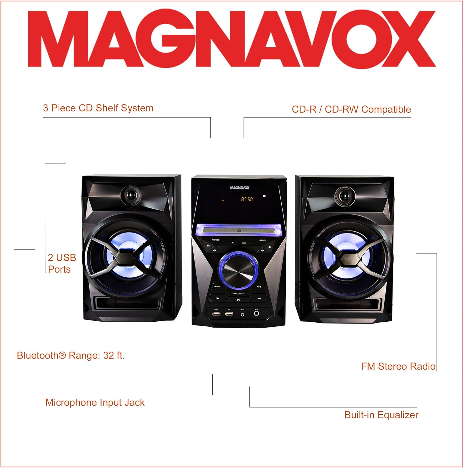 Magnavox MM441 3-Piece CD Shelf System with Digital PLL FM Stereo Radio, Bluetooth Wireless Technology, and Remote Control in Black | Blue Colored Speaker Lights | LED Display | AUX Port Compatible |