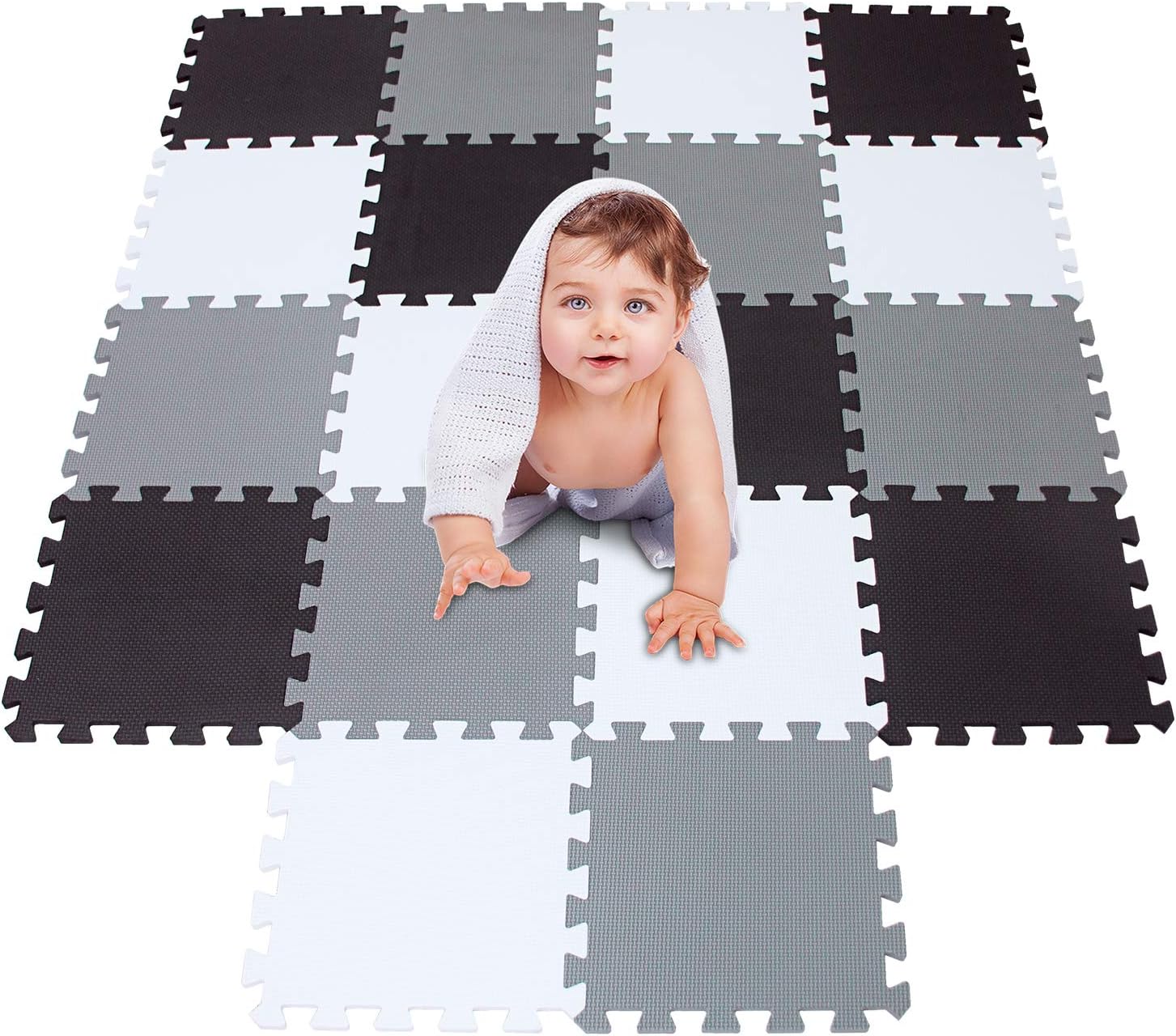 meiqicool Foam Play Mat Thick Soft EVA Interlocking Foam Floor Mats Children Yoga Exercise Multi Jigsaw Puzzle Blocking Board Kids Playmats Play White-Black-Grey 18 Piece ADL