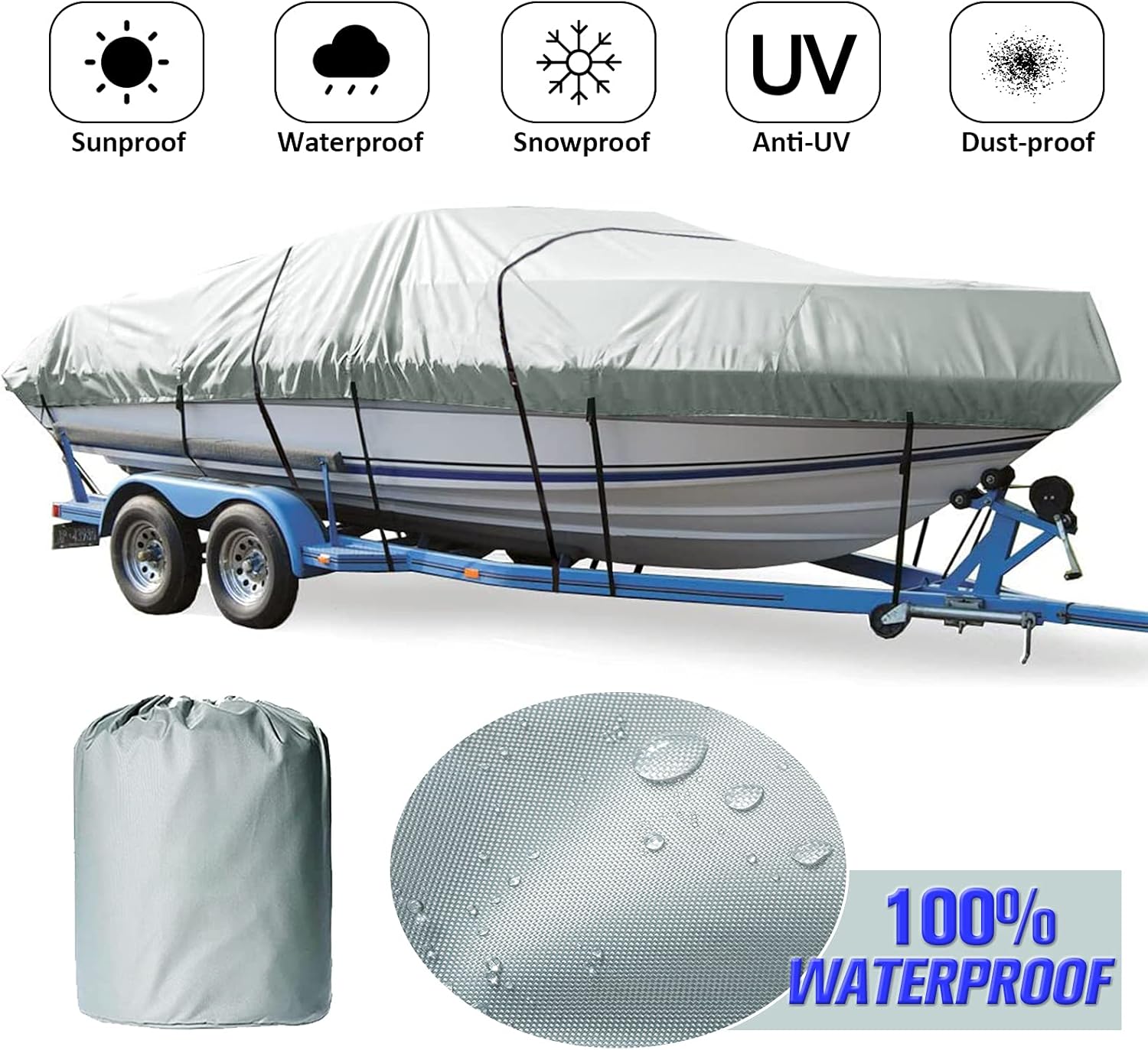 Boat Cover, Heavy Duty 420D Waterproof Trailerable Runabout Boat Cover Fit V-Hull Tri-Hull Fishing Ski Pro-Style Bass Boat Pack of 2