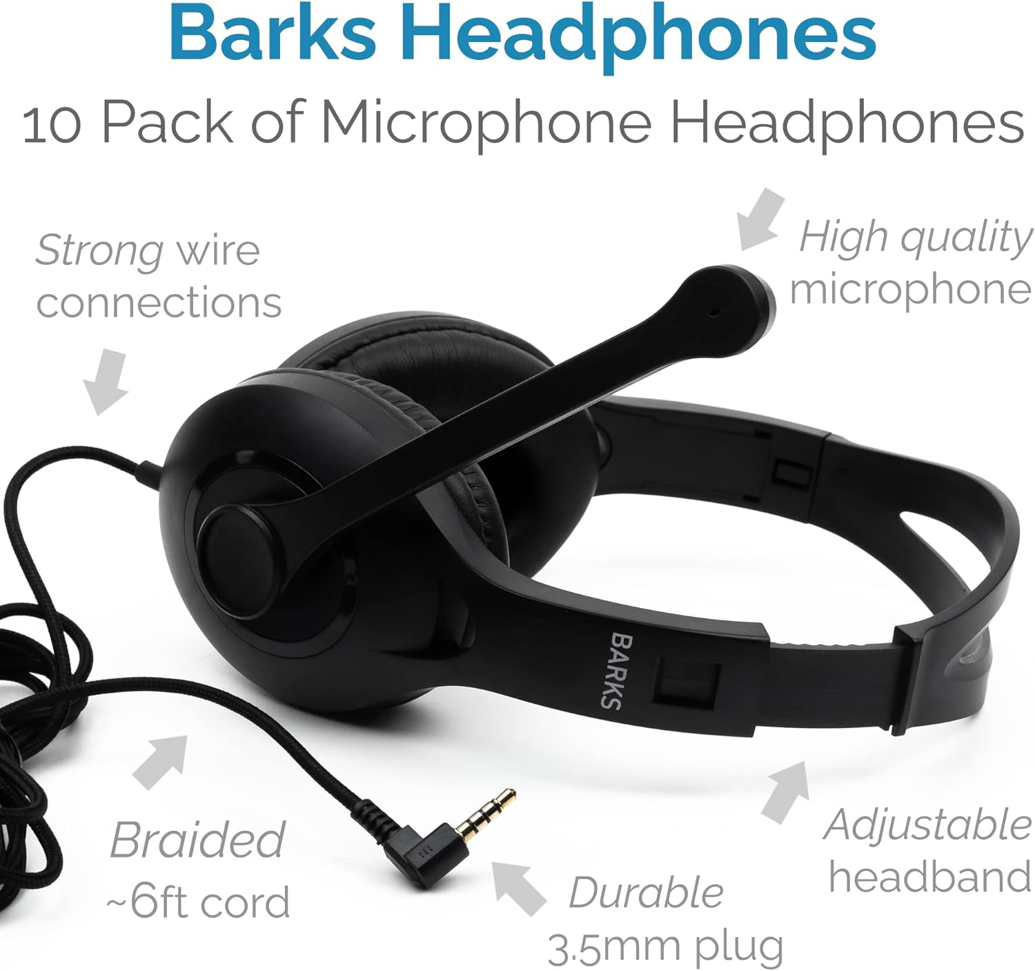 Bulk Classroom Headphones with Microphone (10 Pack) - Premium On-Ear Mic Kids Headphones for School: Best for Students K-12 in Classrooms (Built-in Mic, Great Sound Quality, Durable, Easy to Clean)