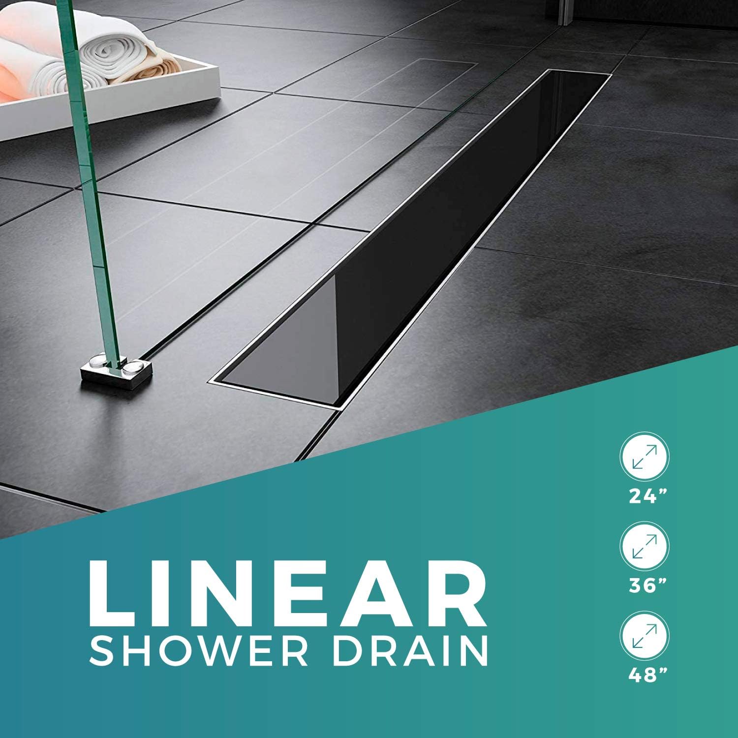 Br&uuml;un 24 Inch Black Tempered Glass Linear Shower Drain | 304 Stainless Steel for Modern Bathroom Long Channel Drain With Leveling Feet and Hair Strainer