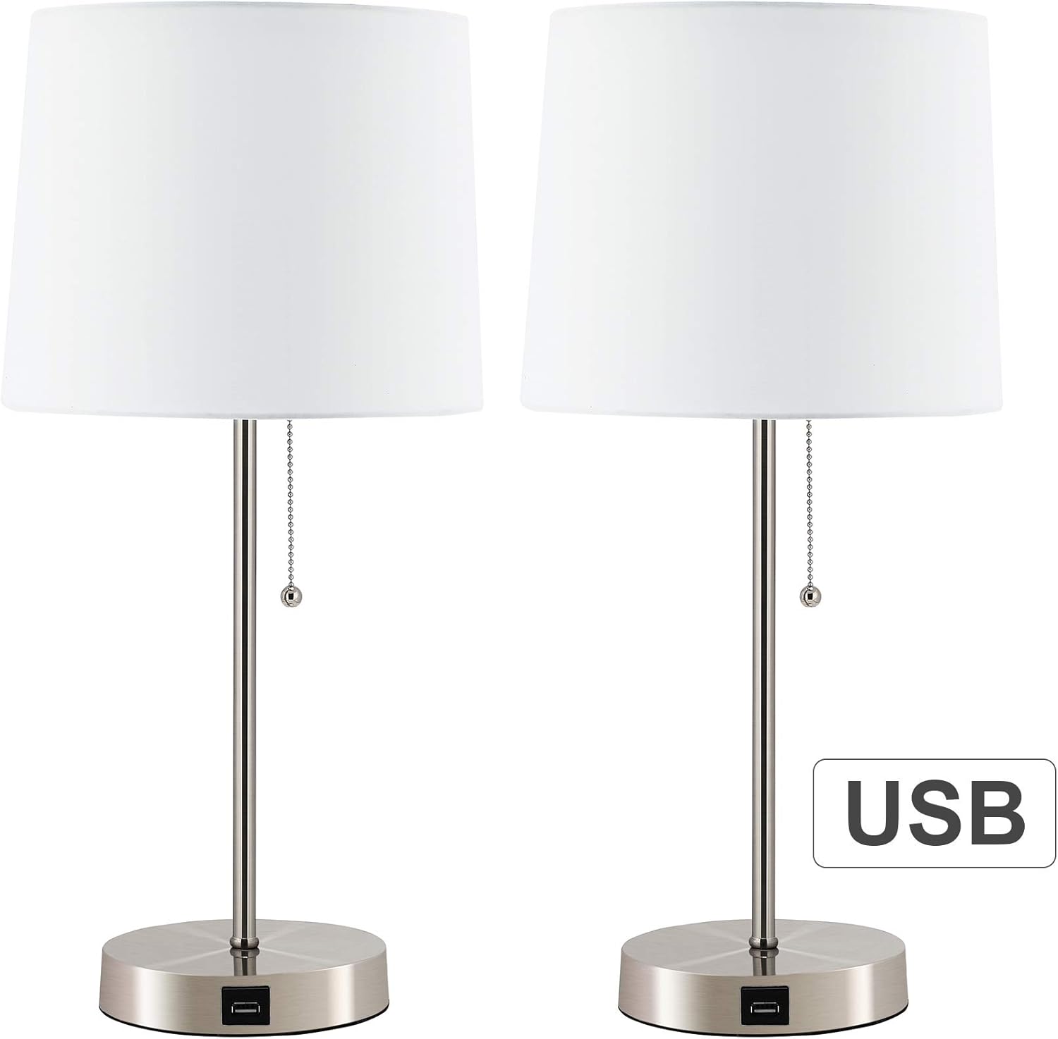 VONLUCE White Table Lamp with USB Charger Set of 2, Modern Metal Desk Lamp in Brushed Nickel Finish, 21 inches in Height, USB Bedside Lamps for Office Bedroom Nightstand Accent.