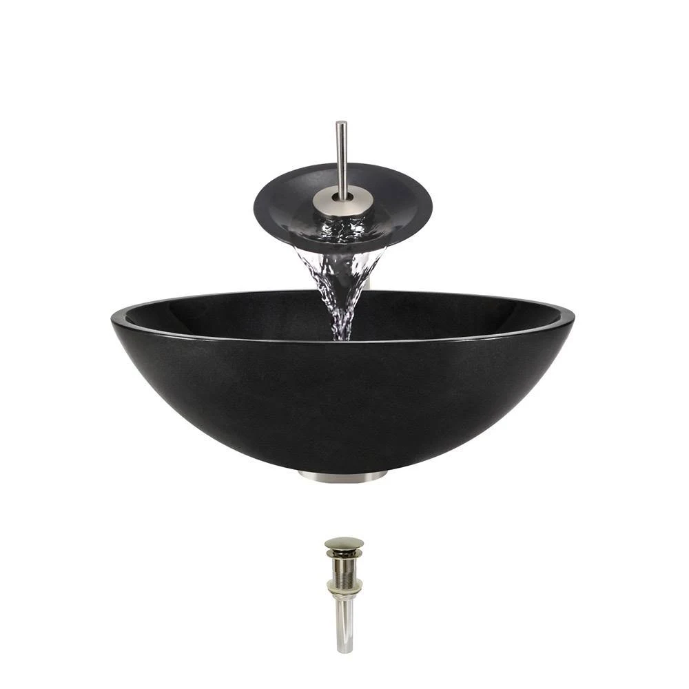 Mr Direct 850-Black Granite Vessel Sink Ensemble with Brushed Nickel Finish Waterfall Faucet, Pop-Up Drain, and Sink Ring