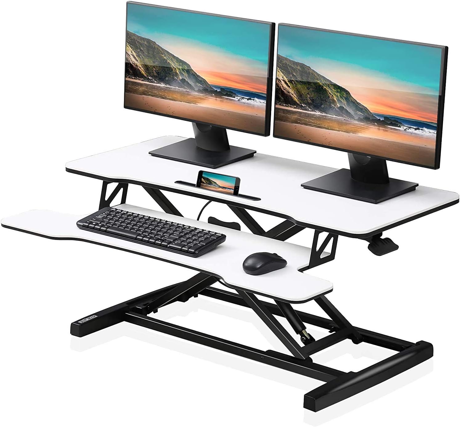 FITUEYES Height Adjustable Standing Desk Converter 36” Wide Sit to Stand Up Desk Tabletop Workstation with Wide Keybroad Tray Black SD309101WB