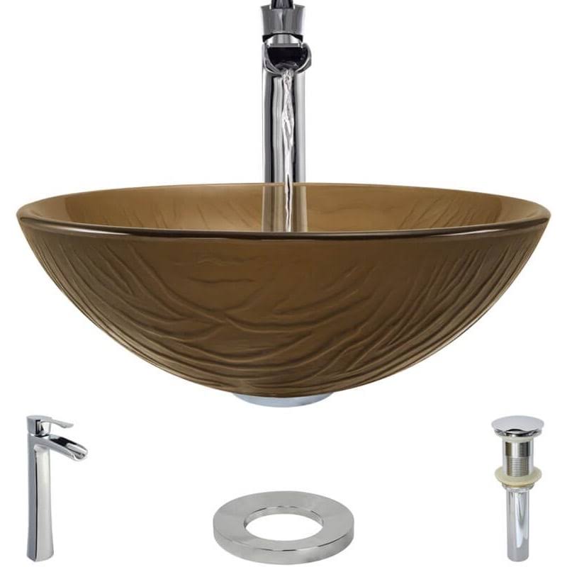 Rene R5-5025-R9-7007 16-5/8x22 Glass Vessel Bathroom Sink with Vessel Faucet Sink Beach Sand / Chrome