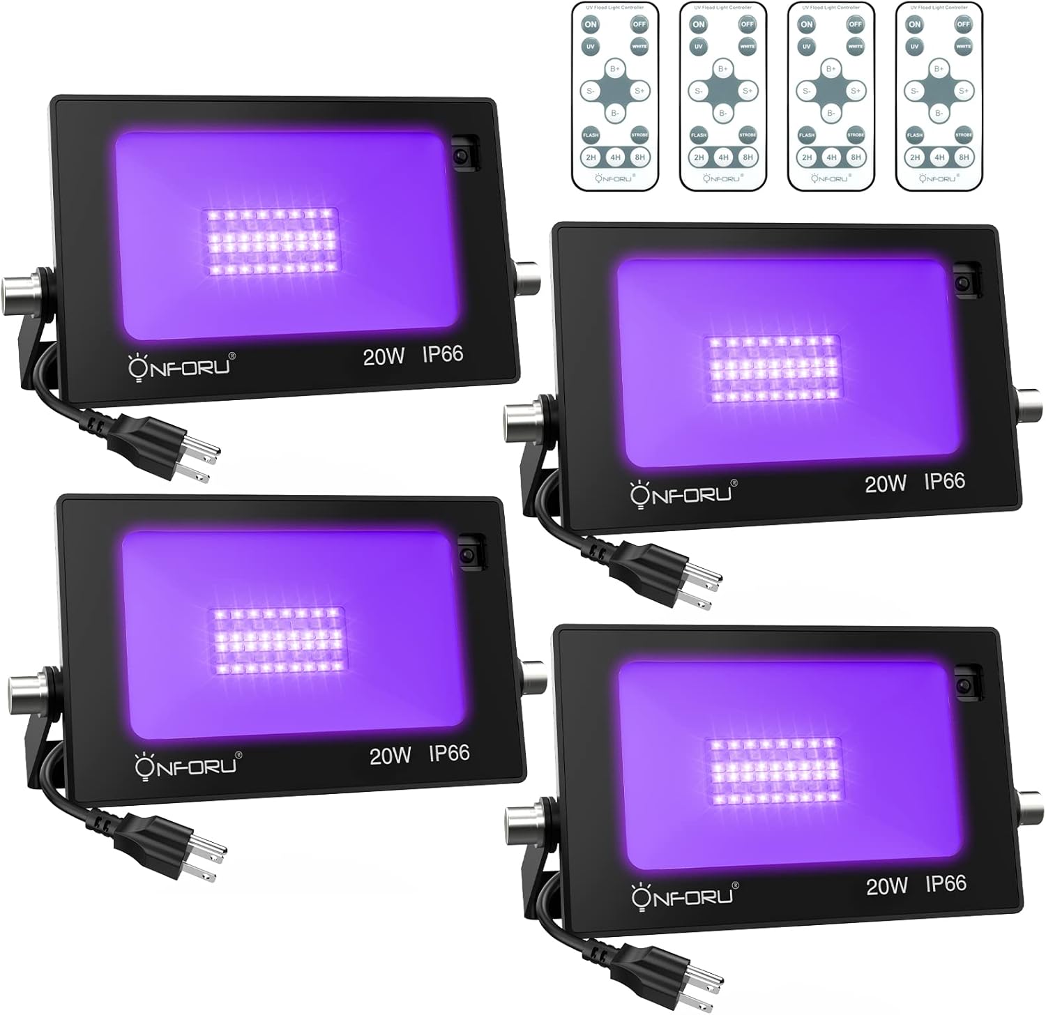 Onforu 4 Pack 20W LED Black Light with 6500K Daylight, 160W Equiv Black Light Flood Light with Remote & Timing, IP66 Waterproof Outdoor Black Lights for Glow Party Christmas Fluorescent Poster Stage
