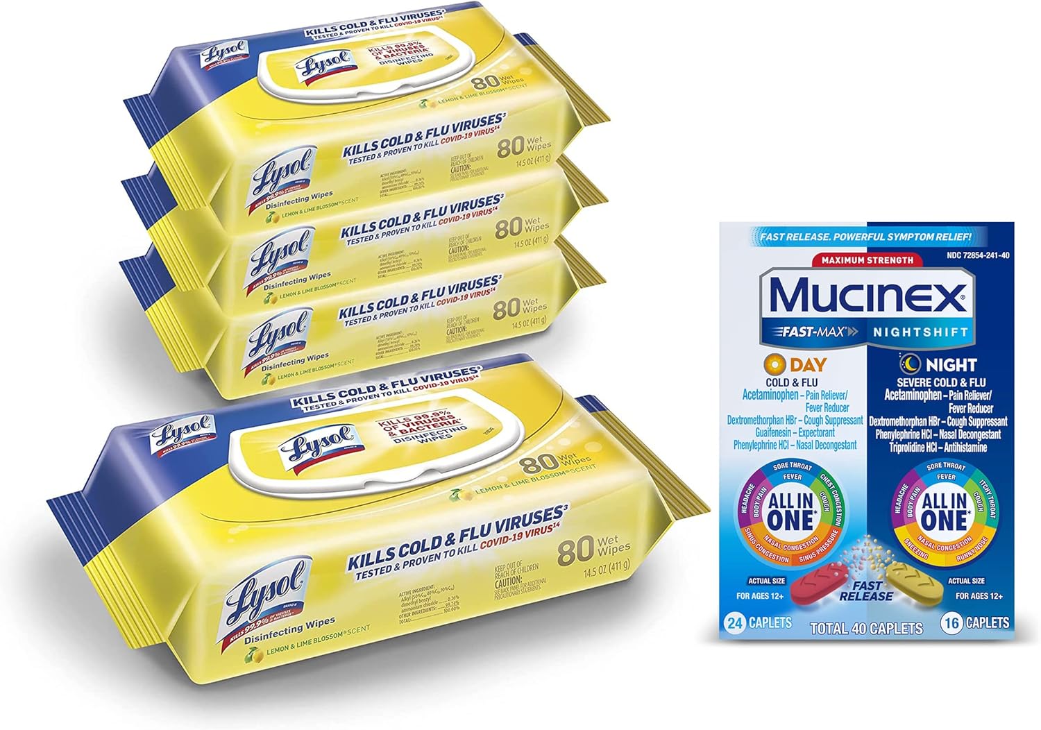 Lysol Disinfectant Multi-Surface Cleaning Wipes, Lemon and Lime Blossom, 320 Count (Pack of 4) and Mucinex Fast-Max Day Cold & Flu & Night Severe All in One, 40 caplets (24 Daytime, 16 Nighttime) Pack of 2