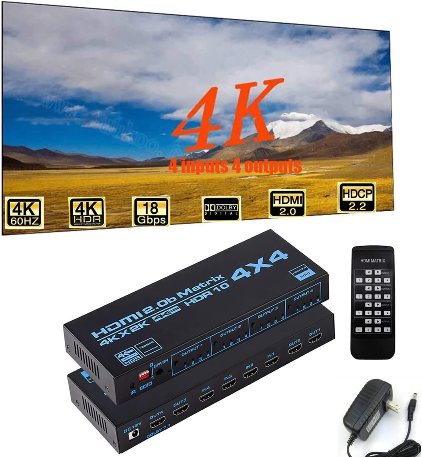 HDMI Matrix switcher 4x4, 4K HDMI Matrix switcher Splitter 4 in 4 Out Box, with EDID Extractor and Infrared Remote Control, Support 4K HDR, HDMI 2.0b, HDCP 2.2, 4K @ 60Hz, 3D, YUV 4:4: 4