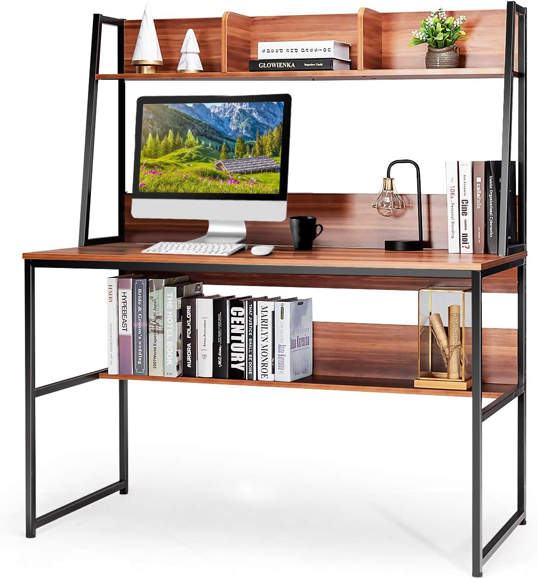 Tangkula Computer Desk with Hutch & Bookshelf, 47 Inches Space Saving Writing Study Table Home Office Desk, PC Laptop Table Workstation with w/ 3 Open Storage Space & Bottom Bookshelf (Brown)