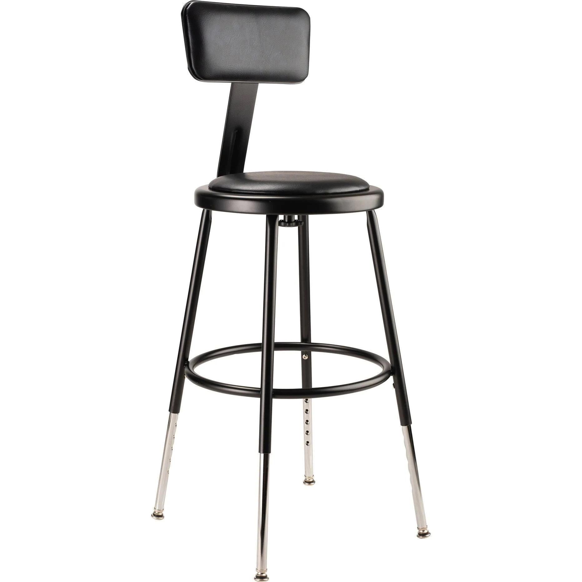 National Public Seating NPS Height Adjustable Vinyl Padded Steel Stool with backrest, Black - 32-39x22