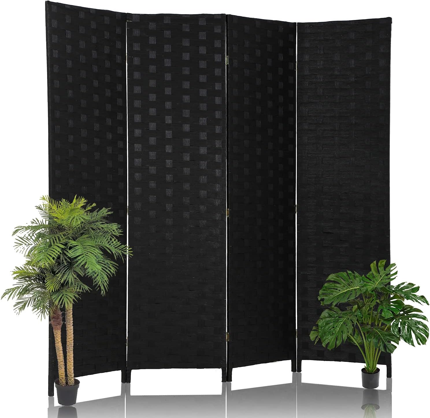 HCY Room Dividers 6FT Wall Divider 4 Panels Partition Screen Folding Privacy Screen Divider Freestanding Wood Mesh Hand-Woven Design with Two-Way Hinges for Living Room/Bedroom/Hotel/Office (Black) Pack of 2