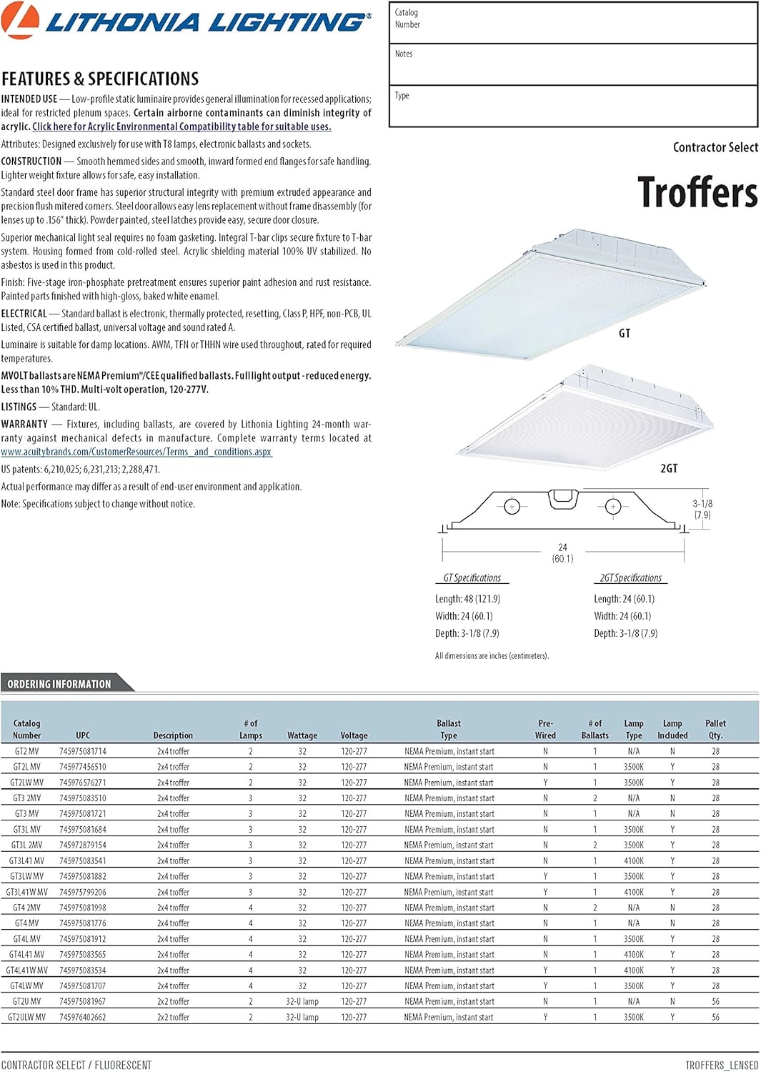 Lithonia Lighting GT4 4-Light Fluorescent General Purpose Troffer, 4-Feet, White Pack of 2