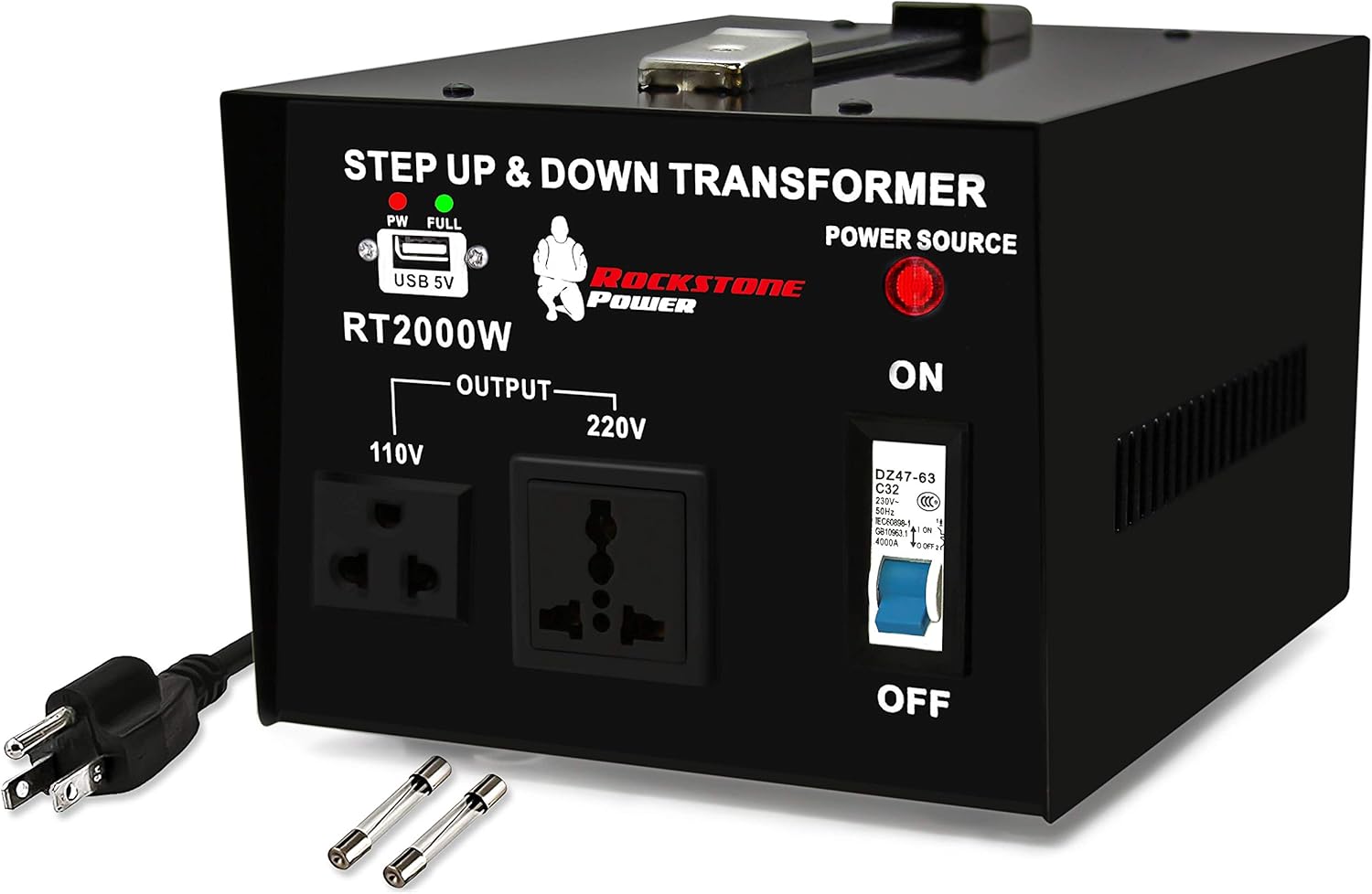 ROCKSTONE POWER 2000 Watt Voltage Converter Transformer - Heavy Duty Step Up/Down AC 110V/120V/220V/240V Power Converter - Circuit Breaker Protection &ndash; DC 5V USB Port - CE Certified [3-Year Warranty]