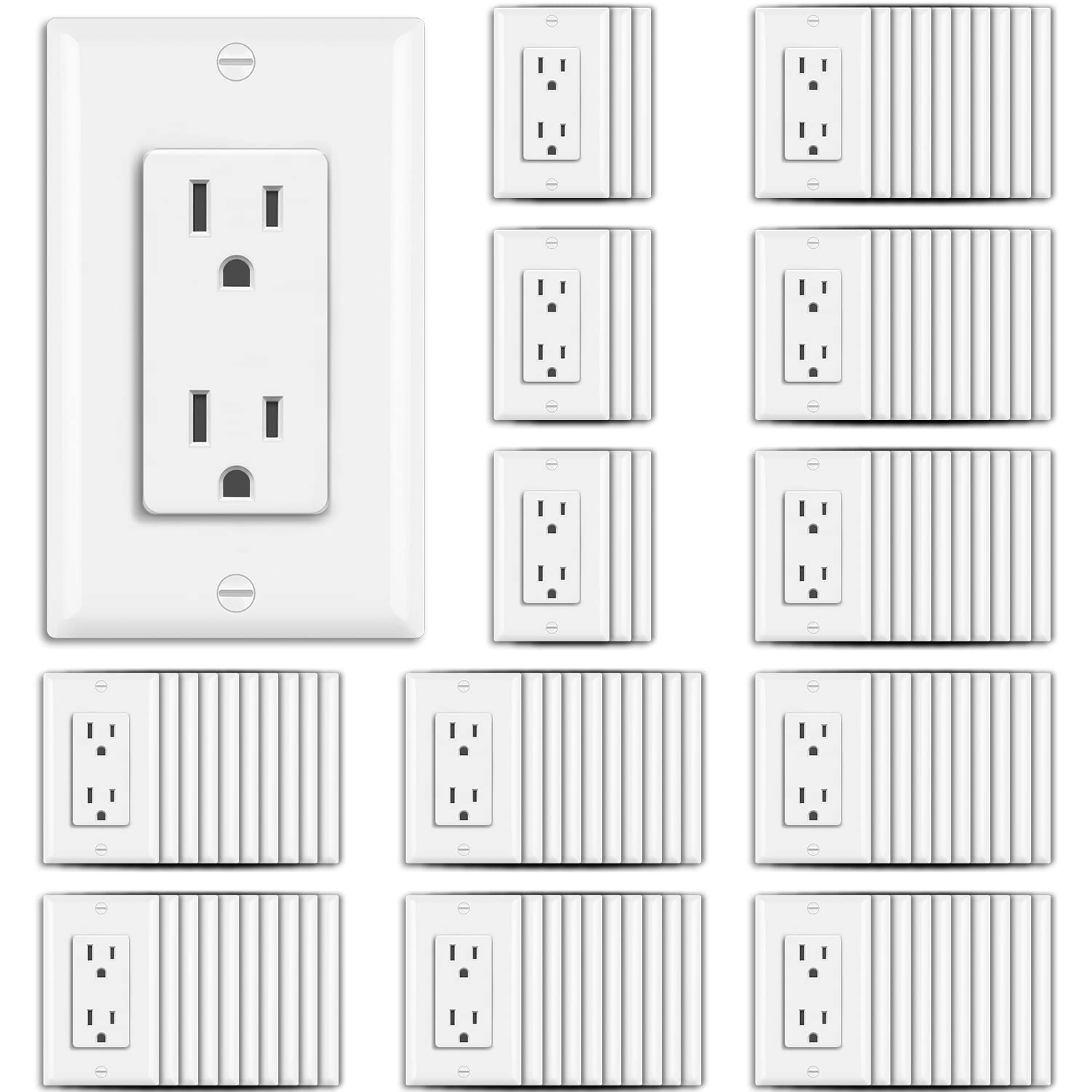 [100 Pack] BESTTEN 15 Amp Decorator Wall Receptacle Outlet, 15A/125V/1875W, None-TR, UL Listed, White