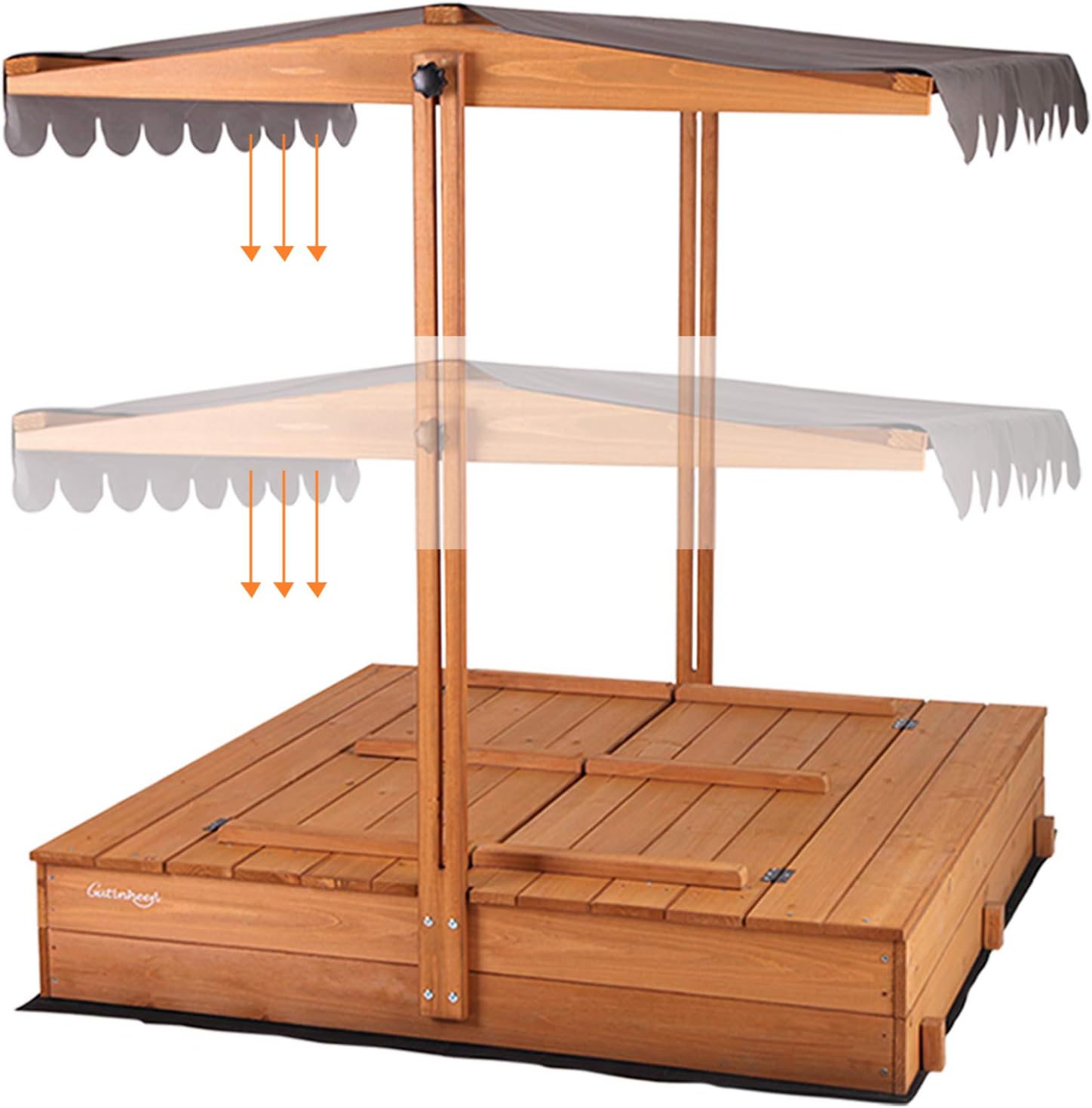 Kids Large Wooden Sandbox, Outdoor Sand Box Play w/ Canopy, 2 Foldable Bench Seats, Retractable Roof and Sand Protection - 47x47-Inch