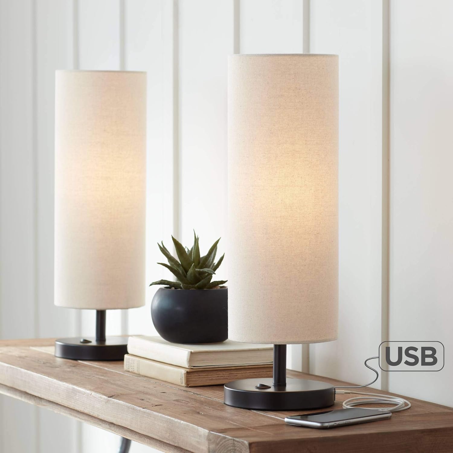 Heyburn Modern Contemporary Accent Table Lamps Set of 2 with USB and AC Power Outlet in Base Bronze White Cylinder Shade for Living Room Bedroom Bedside Nightstand Office Family - 360 Lighting