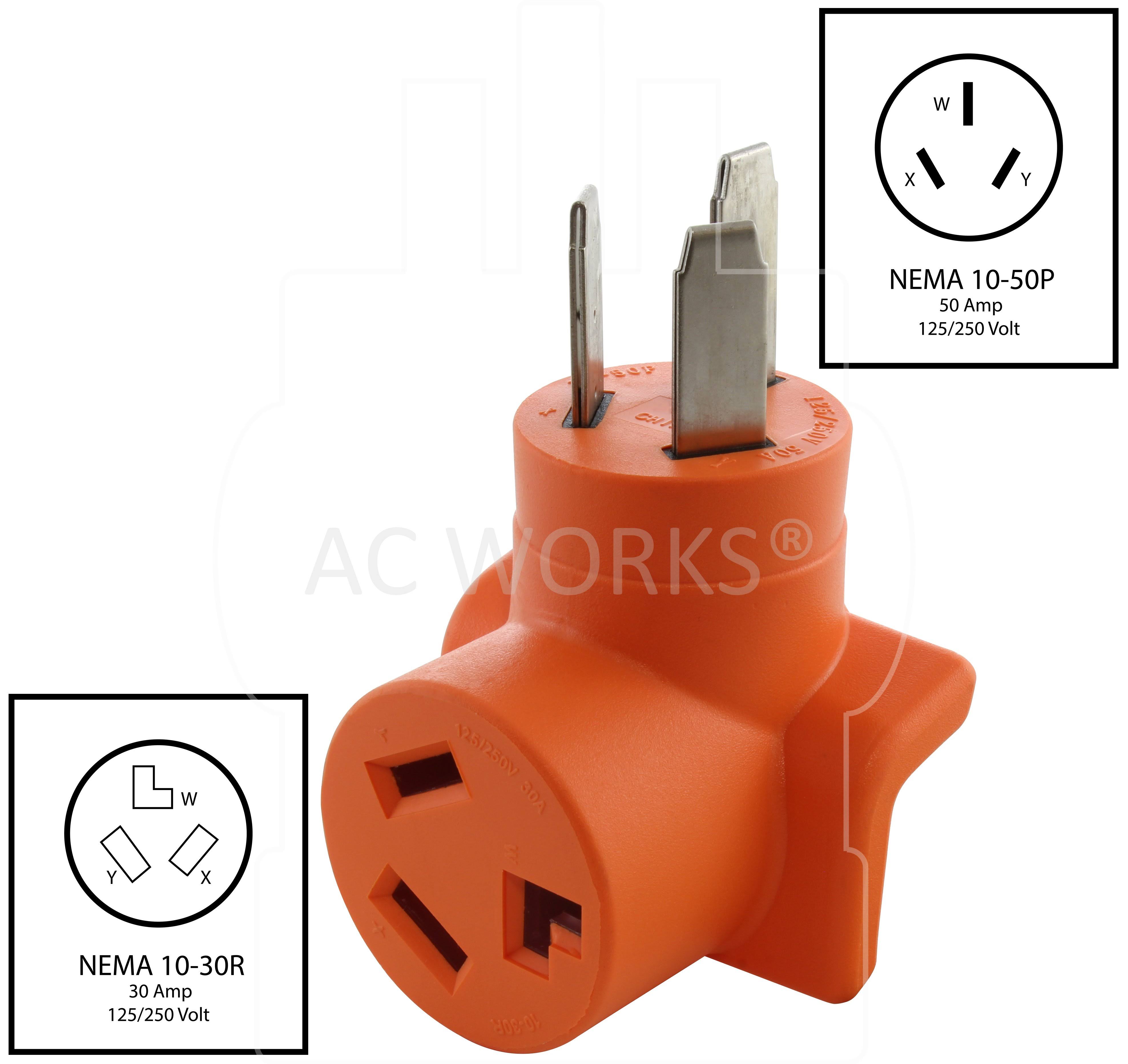 AC Works [ad10501030] 10-50P 50-Amp 3-Prong Old Style Dryer/Range Plug to 10-30R 3-Prong Dryer Outlet