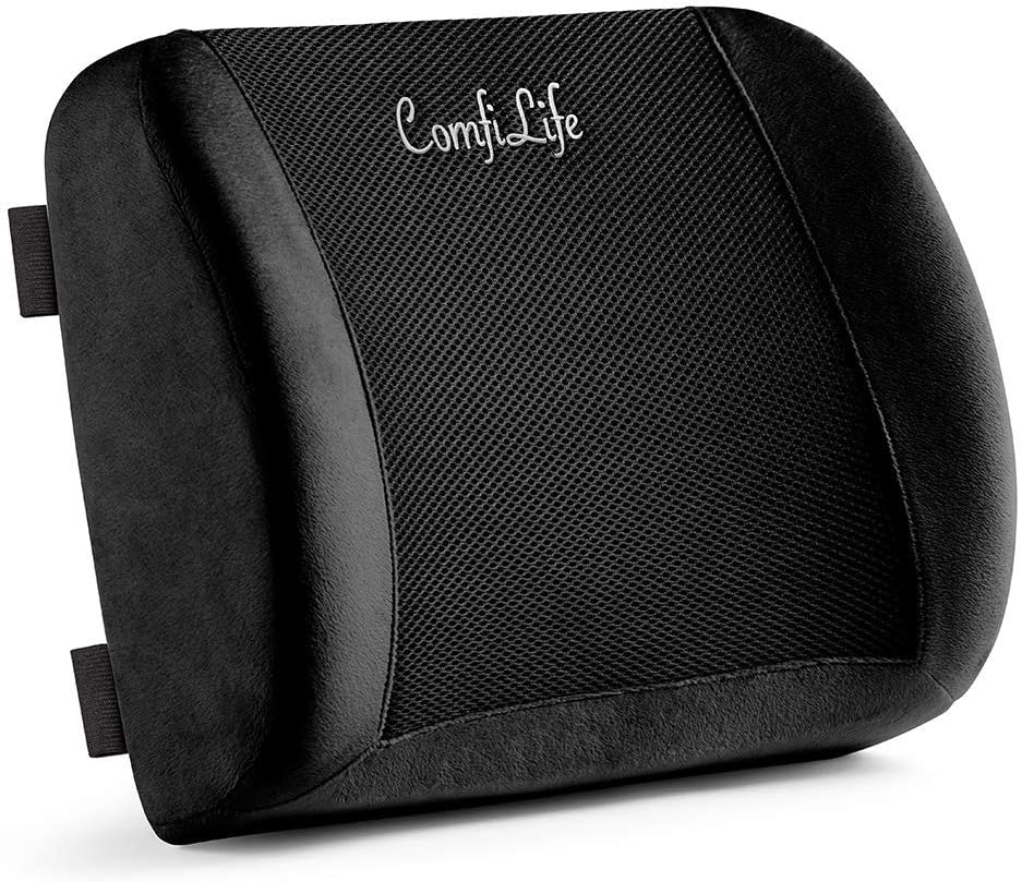 ComfiLife Lumbar Support Back Pillow Office Chair and Car Seat Cushion - Memory Foam with Adjustable Strap and Breathable 3D Mesh (Grey)
