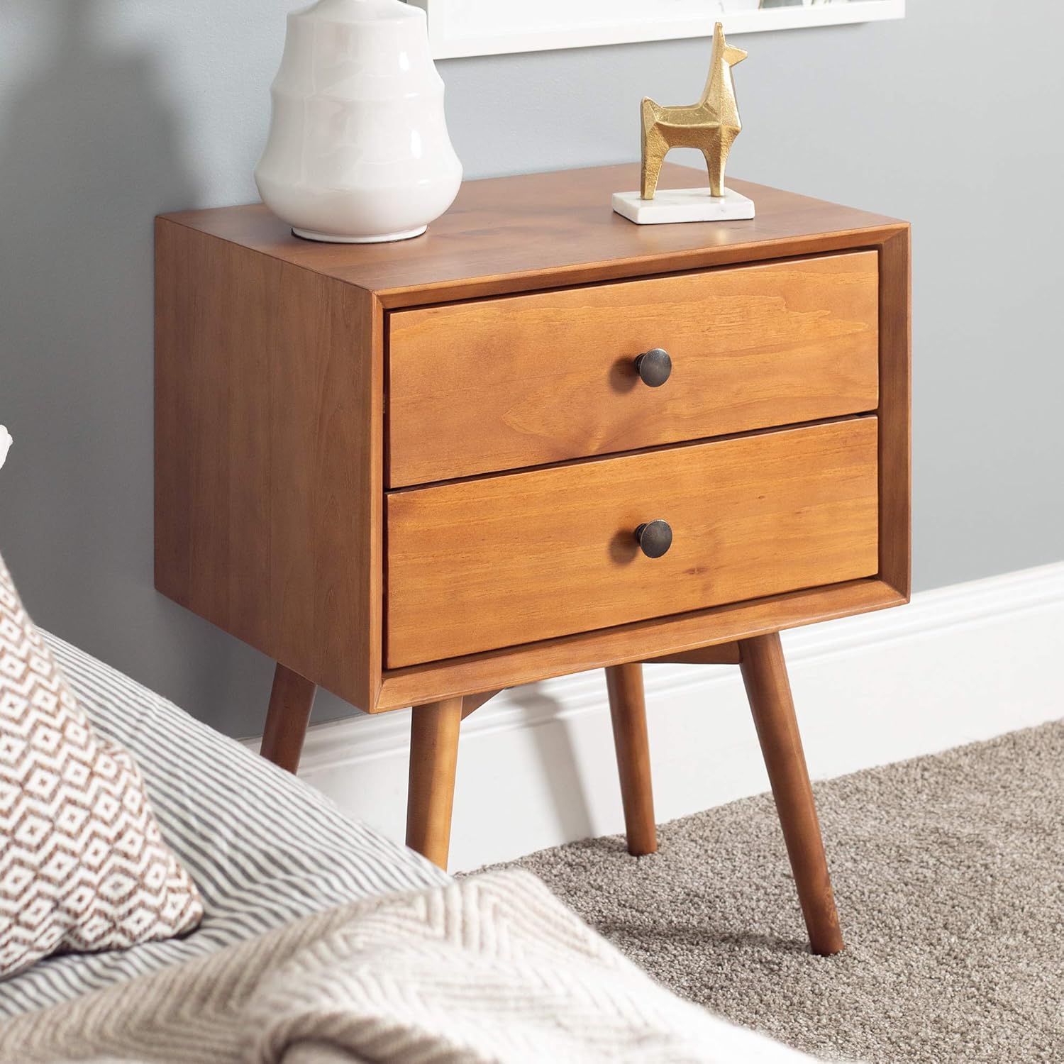Walker Edison Ella Mid-Century Modern 2-Piece 2-Drawer Solid Wood Nightstand Set, 2 Pack, Caramel