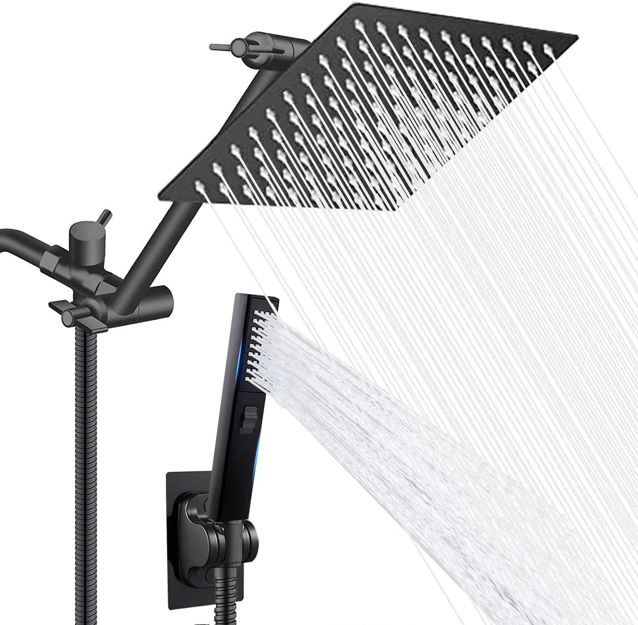 Shower Head with Handheld, Rainfall Shower Head, 12'' High Pressure Rainfall Shower Head / 2 Settings Handheld Showerhead Combo with Extension Arm, Shower Holder/78'' Hose (Matt black)