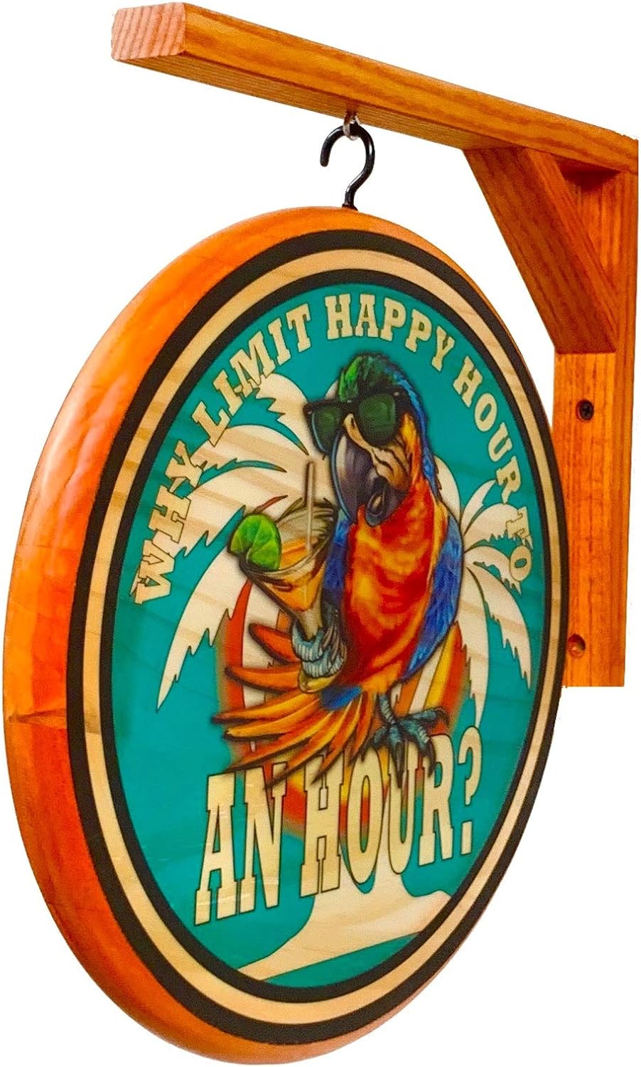 Happy Hour Parrot Pub Sign - 15 inch diameter wooden 2 sided sign. Includes wood hanging bracket - INDOOR USE ONLY. Pack of 2