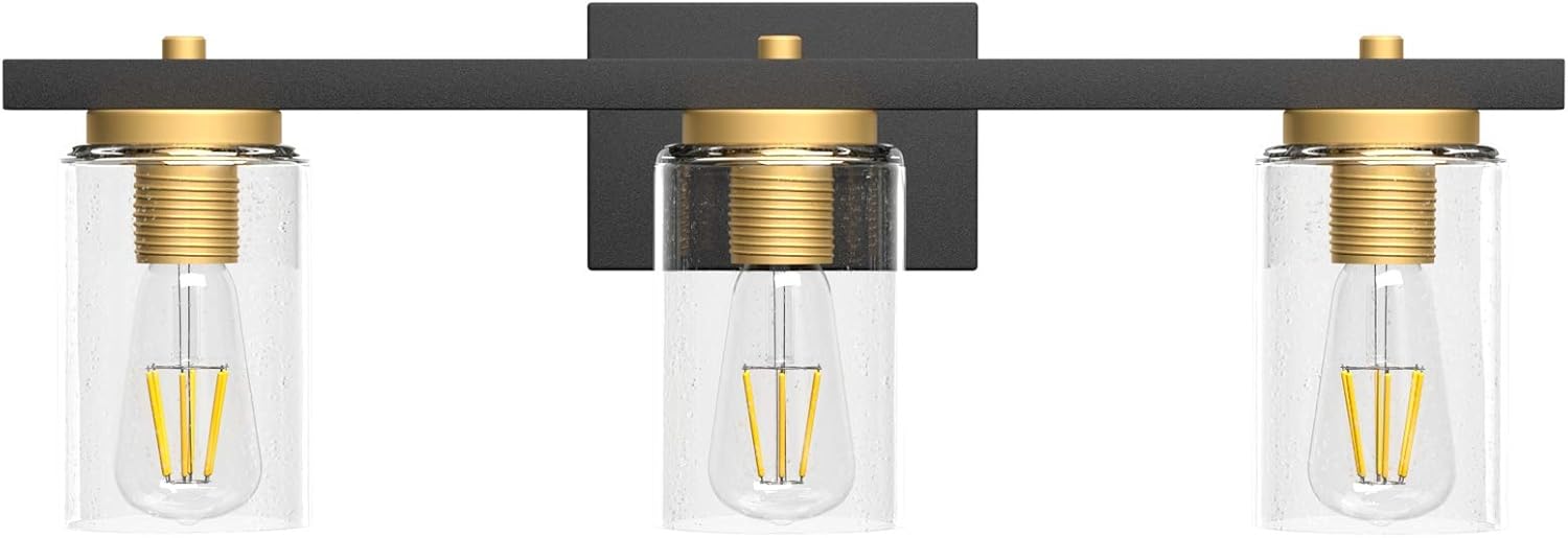 Ralbay Black and Gold Bathroom Vanity Light Fixture 3-Light Industrial Bathroom Vanity Lighting Bubble Glass Edison Vintage Wall Light Fixture for Bathroom (Exclude Bulb)