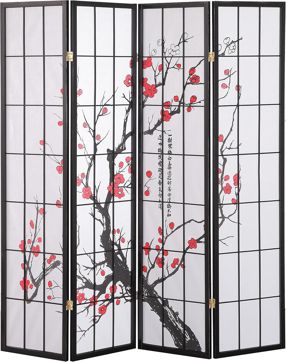 Roundhill Furniture Japanese Plum Blossom 4-Panel Room Divider,Black