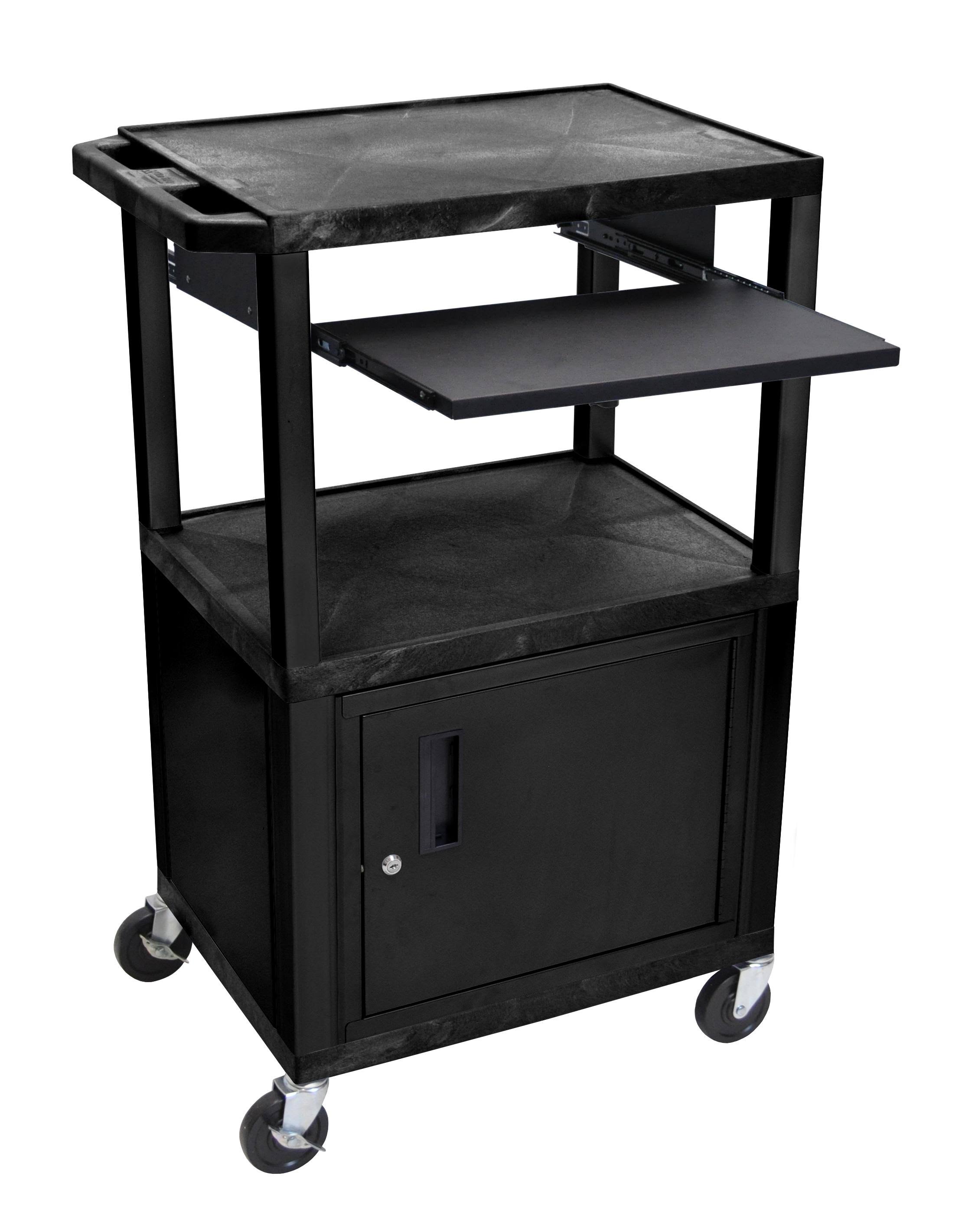 Luxor Tuffy Black 42x22 3 Shelf Cart w/ Black Pullout Shelf ,Cabinet, Legs u0026 Electric