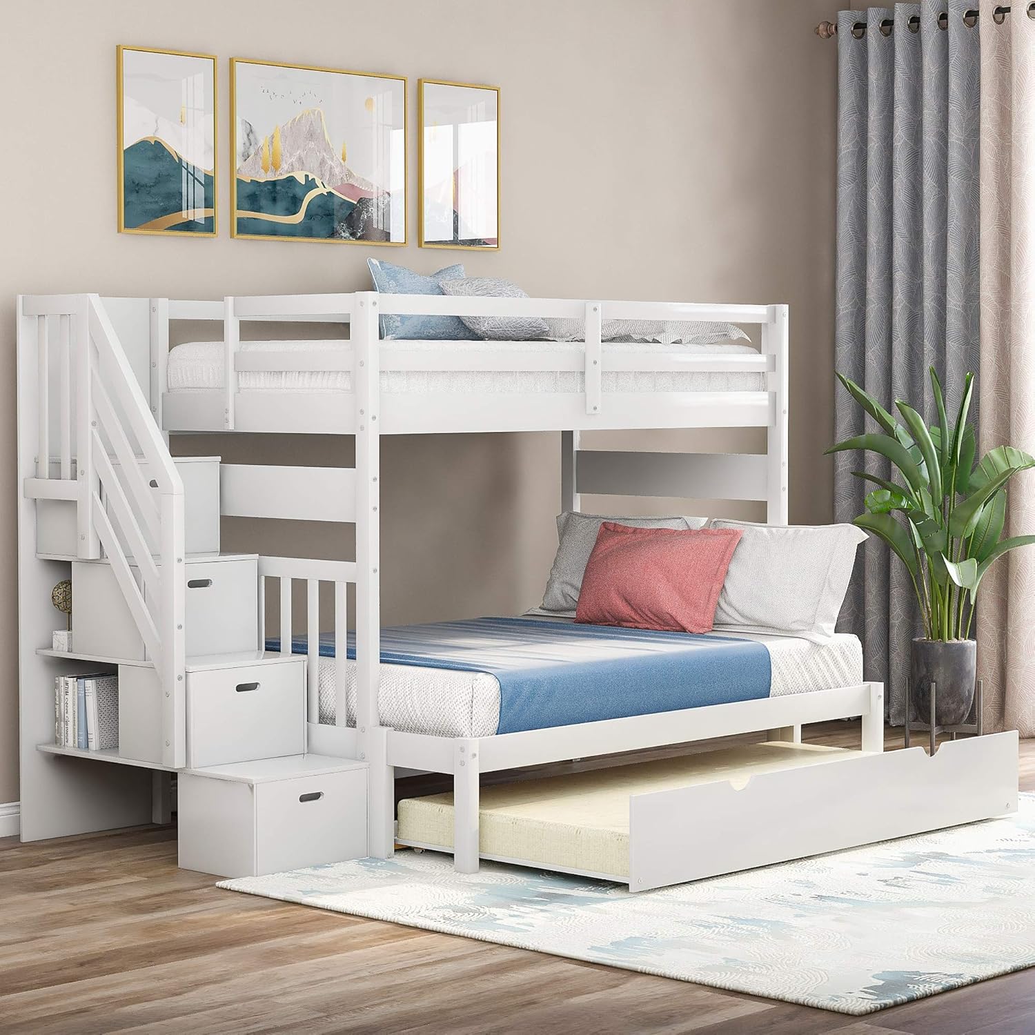 Harper & Bright Designs Stairway Twin Over Twin/Full Bunk Bed with Twin Size Trundle and Drawers, Solid Wood Bunk Bed Staircase Can be Placed on The Left or Right Side (White)