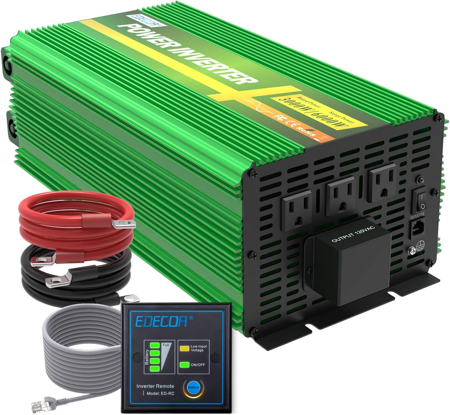 EDECOA 3000 Watt 24V Power Inverter Pure Sine Wave DC 24V to 120V AC Solar Inverter with 3 AC Outlets and AC Terminal Block