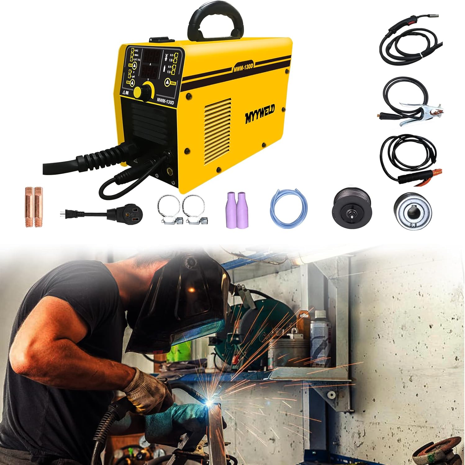Mig Welding Machine,MYYWELD Mig Welder MIG/MMA/TIG 3 in 1 Flux Core Wire Digital 130D Dual Voltage 110/220V, Gas/Gasless Stick-Solid Wire Automatic Feed IGBT Inverter Welder