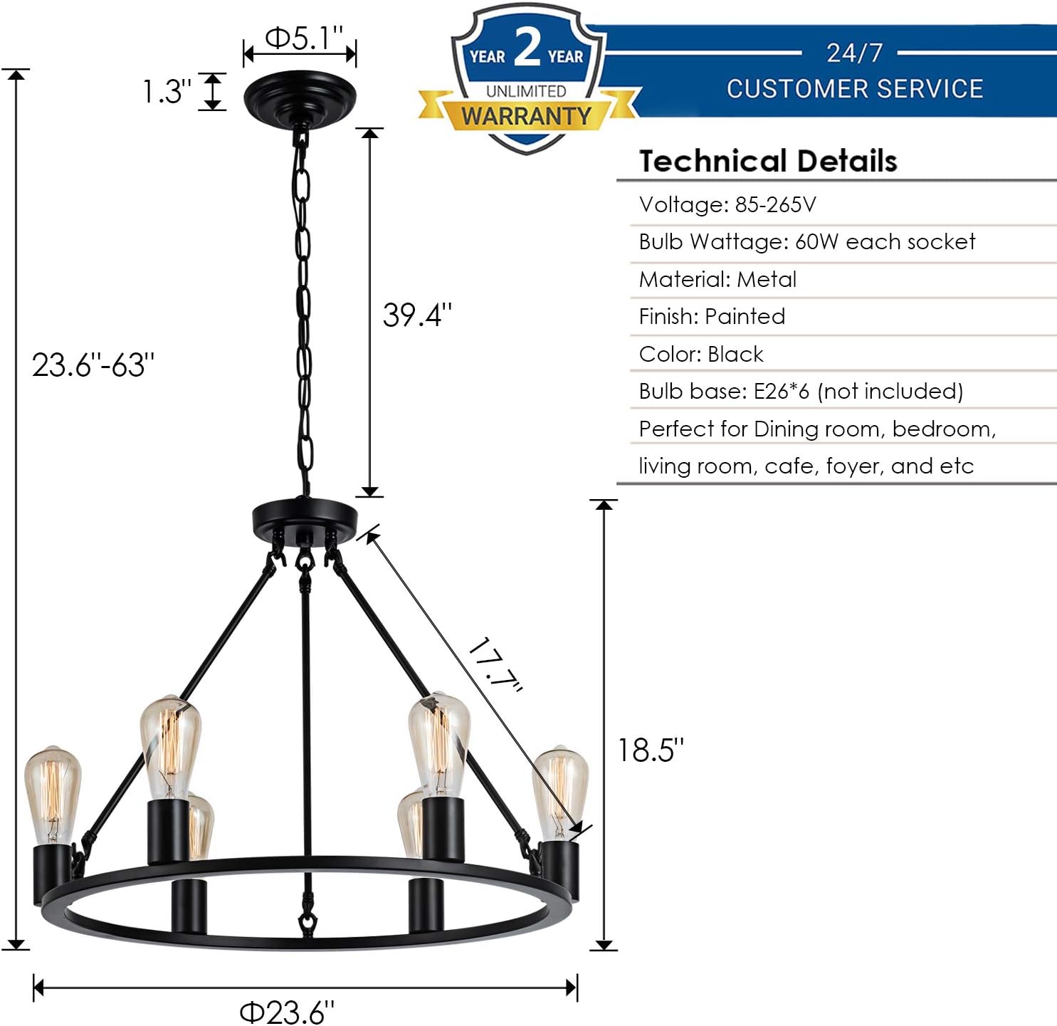 Senyshilon Wagon Wheel Farmhouse Chandelier 6-Light Industrial Round Chandelier 23.6'' Rustic Black Metal Pendant Chandelier for Kitchen Island Dining Room Bedroom Living Room