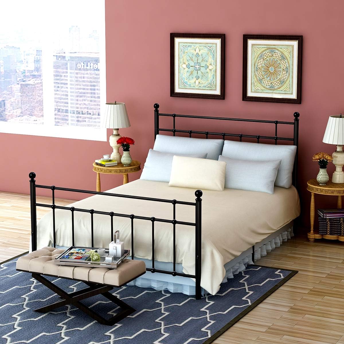 Metal Bed Frame Foundation with Headboard and Footboard Sturdy/ No Squeaky Premium Heavy Duty Steel Slabs (Queen, Black)