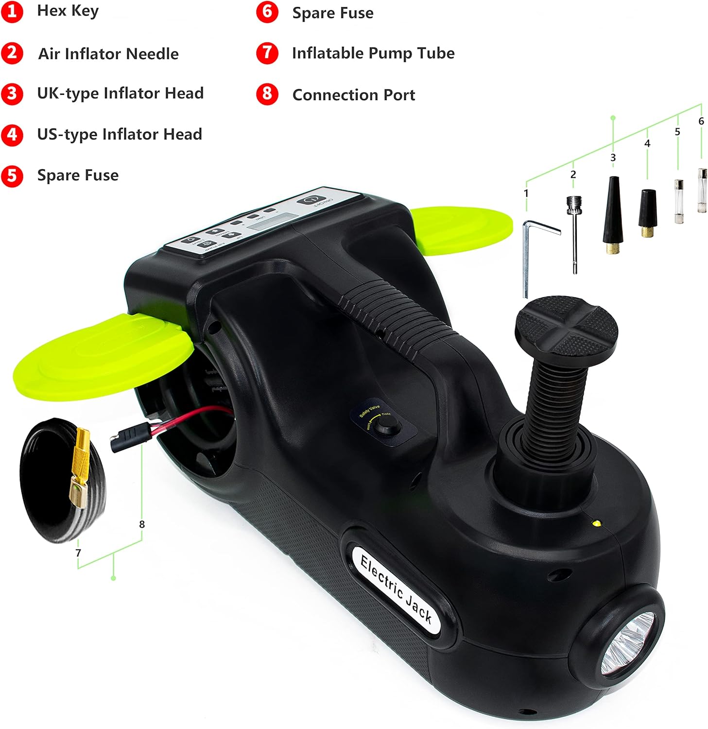 E-HEELP Car Jack Hydraulic 5Ton 12V Electric Car Jack Kit (Lifting Range: 6.1-20.86 inch) with Impact Wrench & Inflator for Car SUV Sedan MPV with LCD & Tire Pressure Display