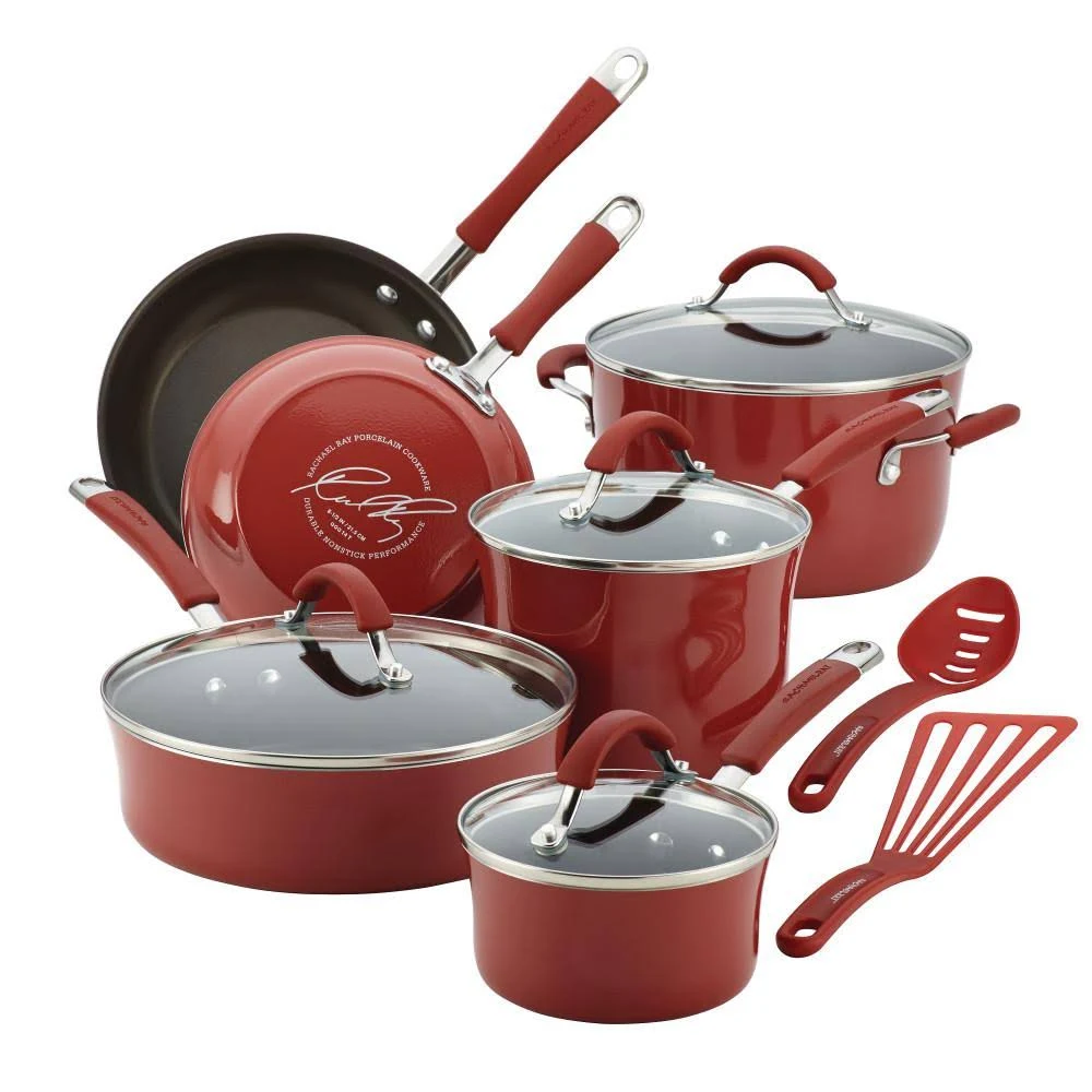 Rachael Ray Cucina 12-Piece Aluminum Nonstick Cookware Set in Cranberry Red