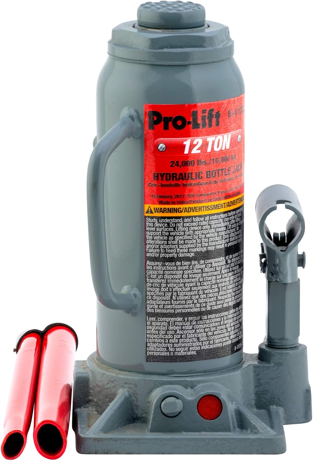 Pro-Lift B-012D Grey Hydraulic Bottle Jack - 12 Ton Capacity