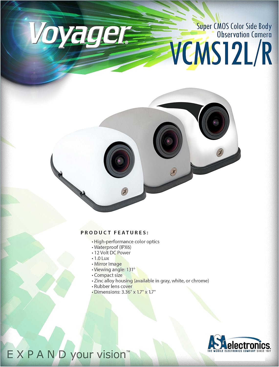 Voyager VCMS12LGPR Model VCMS12L Super CMOS Color Side Body Camera for Vehicles Left Side with Rubber Lens Cover, Waterproof (IPX6), Zinc Alloy Housing in Gray Color, Replaces VCMS36 and VCCSID