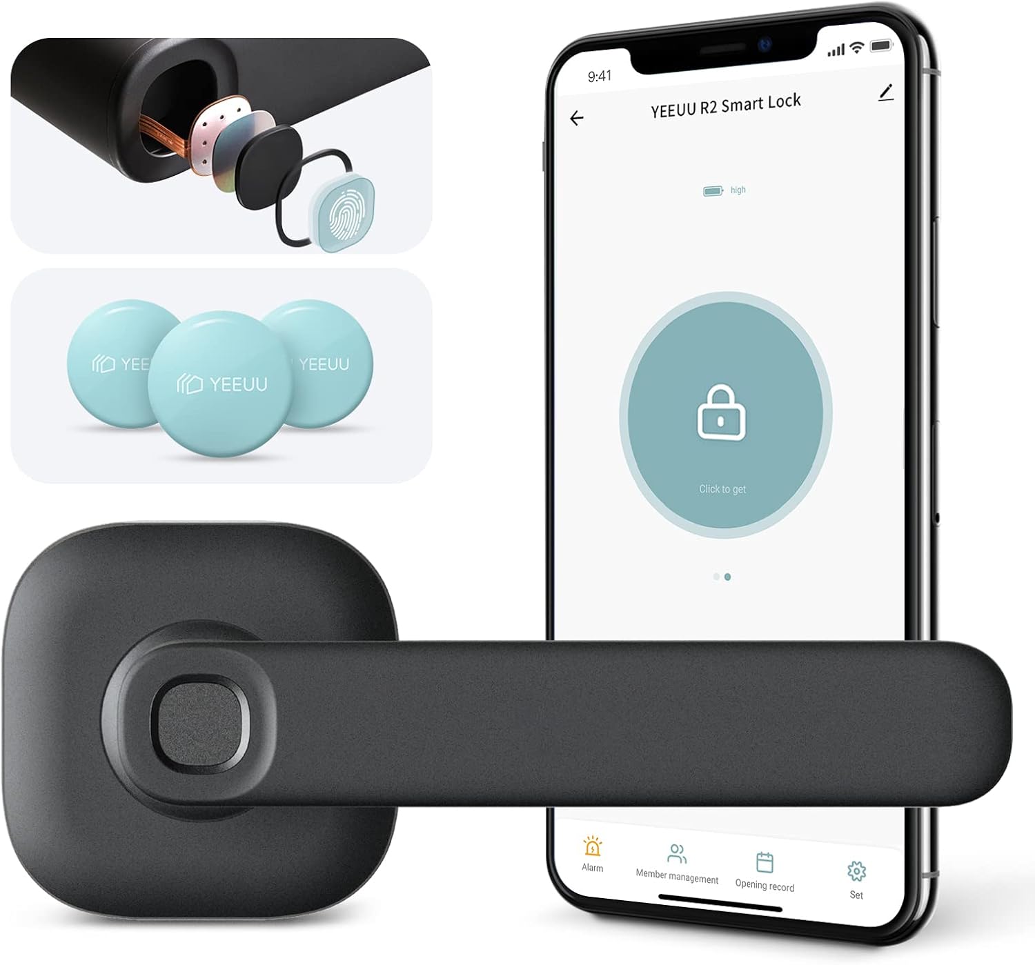 YEEUU Smart Door Lock with Fingerprint, NFC, APP. Stylish Bluetooth Door Lever. Keyless Entry for Your Home, Office, Bedroom or Airbnb (Black, Fingerprint + Bluetooth) (Fingerprint + Bluetooth, black)