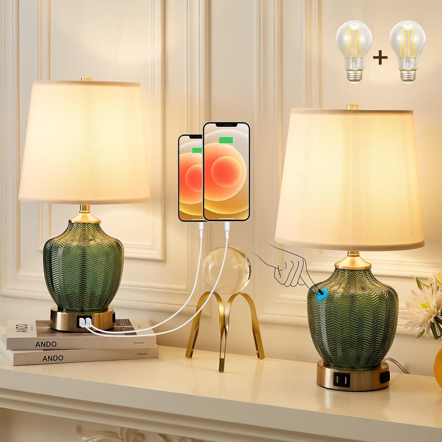 BYBLIGHT Modern Coastal Accent Table Lamp Set of 2, Blue Green Glass Bedside Lamp with 2 USB Ports and AC Outlet, 3 Way Dimmable Touch Control Nightstand Lamp for Bedroom, Living Room，Bulbs Included