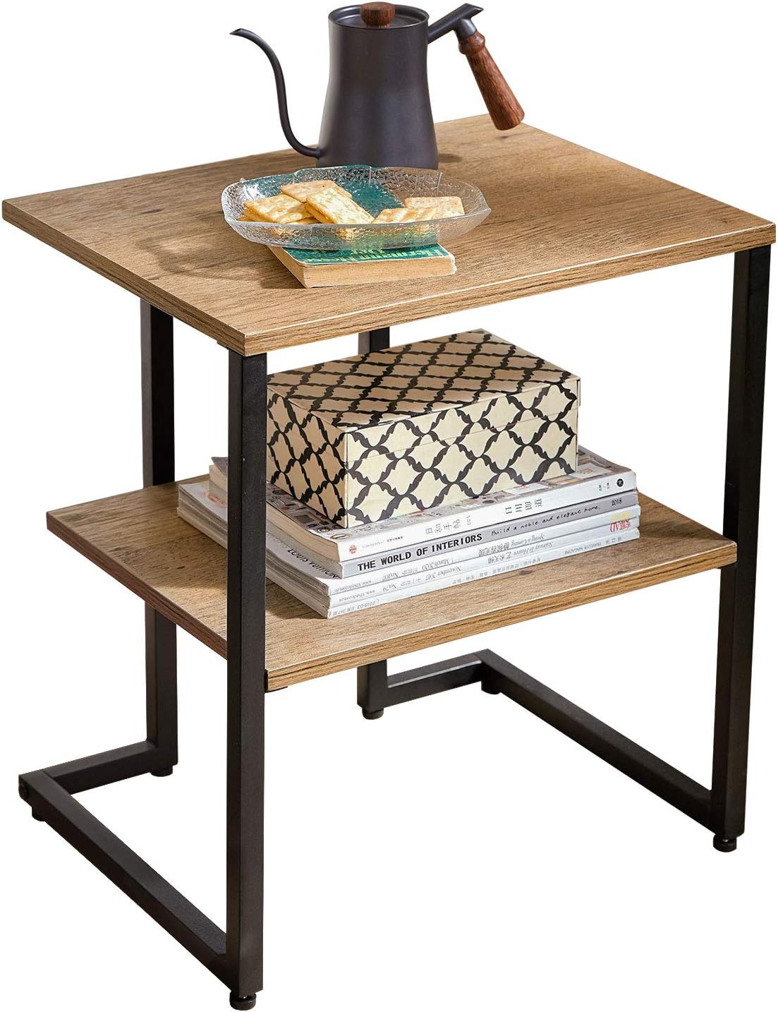 LINSY HOME End Table with Storage Shelf, Industrial Side Table with Wood Board and Metal Frame, Small Corner End Table for Apartment Living Room Bedroom Pack of 2