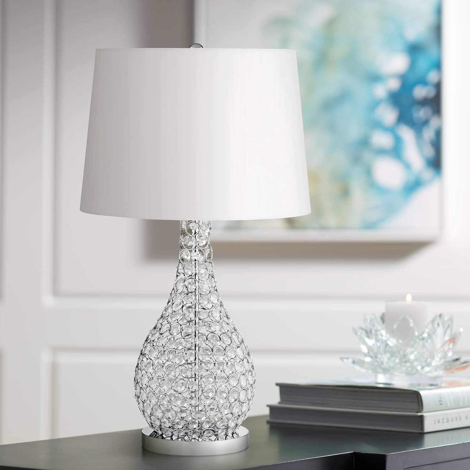 Kasey Modern Accent Table Lamps Set of 2 Crystal Bead Silver Gourd White Drum Shade for Living Room Family Bedroom Bedside - Possini Euro Design