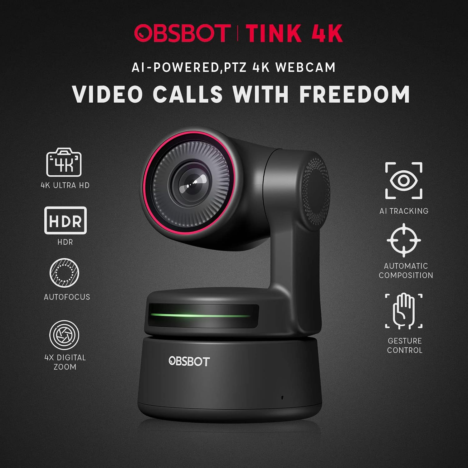 Obsbot Tiny 4K PTZ Webcam, Obsbot Tiny Upgraded with 4K Resolution AI-Powered AI-Tracking Auto-Framing Gesture Control HDR Webcam with 4X Zoom in/Out Dual Omni-Directional Mic