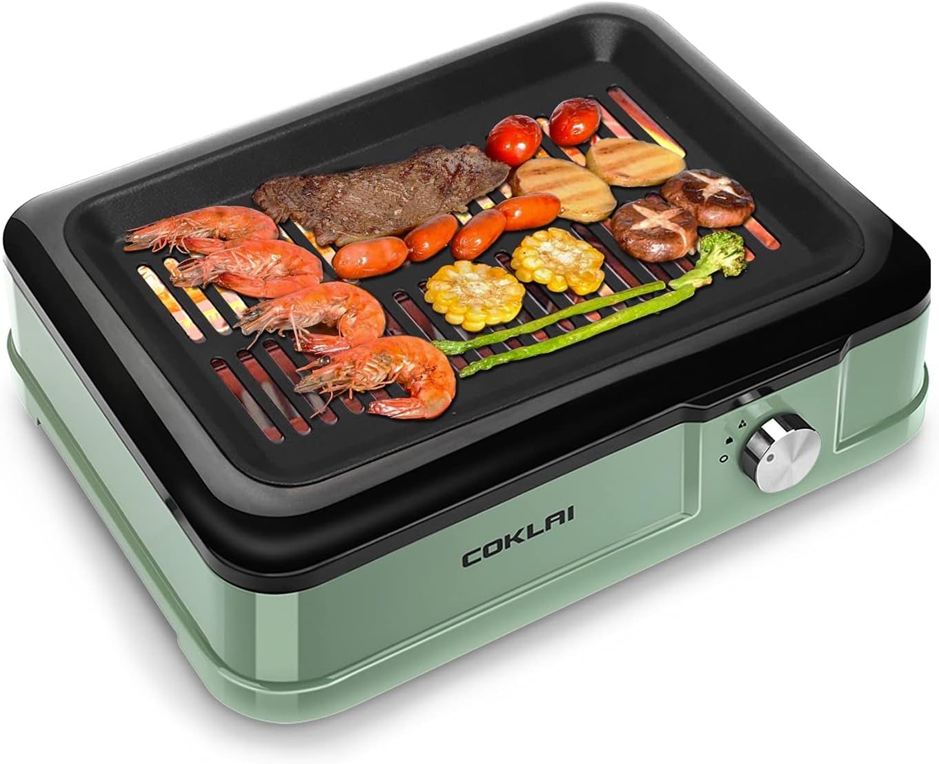 Indoor Grill Electric Grill, COKLAI Smokeless BBQ Grill, Infrared Grill with Removable Nonstick Grill Surface, Dishwasher-Safe Drip Tray, Constant Grilling Temperature 1660W, Green