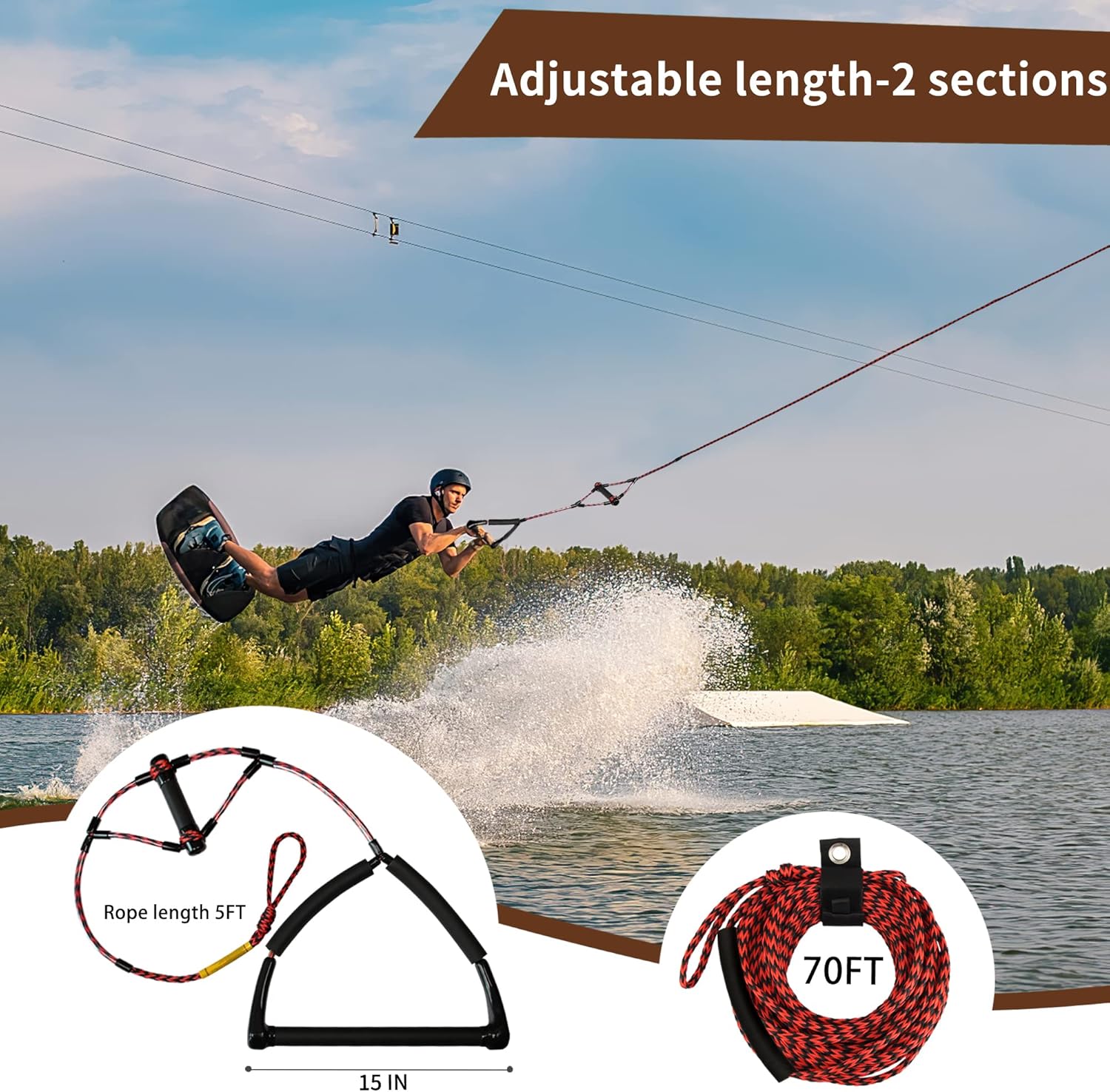 MAYAPHILOS 75ft Water Ski Wakeboard Kneeboard Rope with 15in Floating Handles ,2 Sections Watersports Tow Rope for Tubing Pack of 2