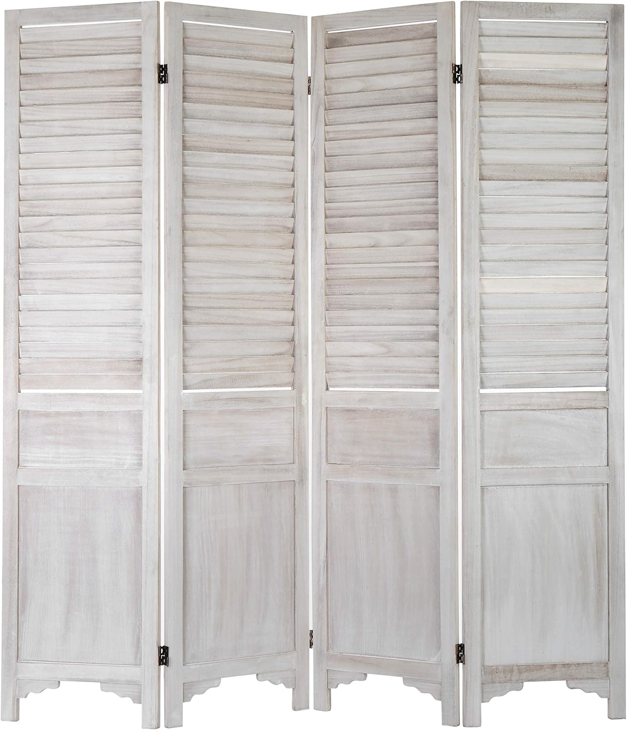 MyGift Privacy Screen, 4-Panel Vintage White Wood Louvered Room Divider Screen with Dual-Action Hinges