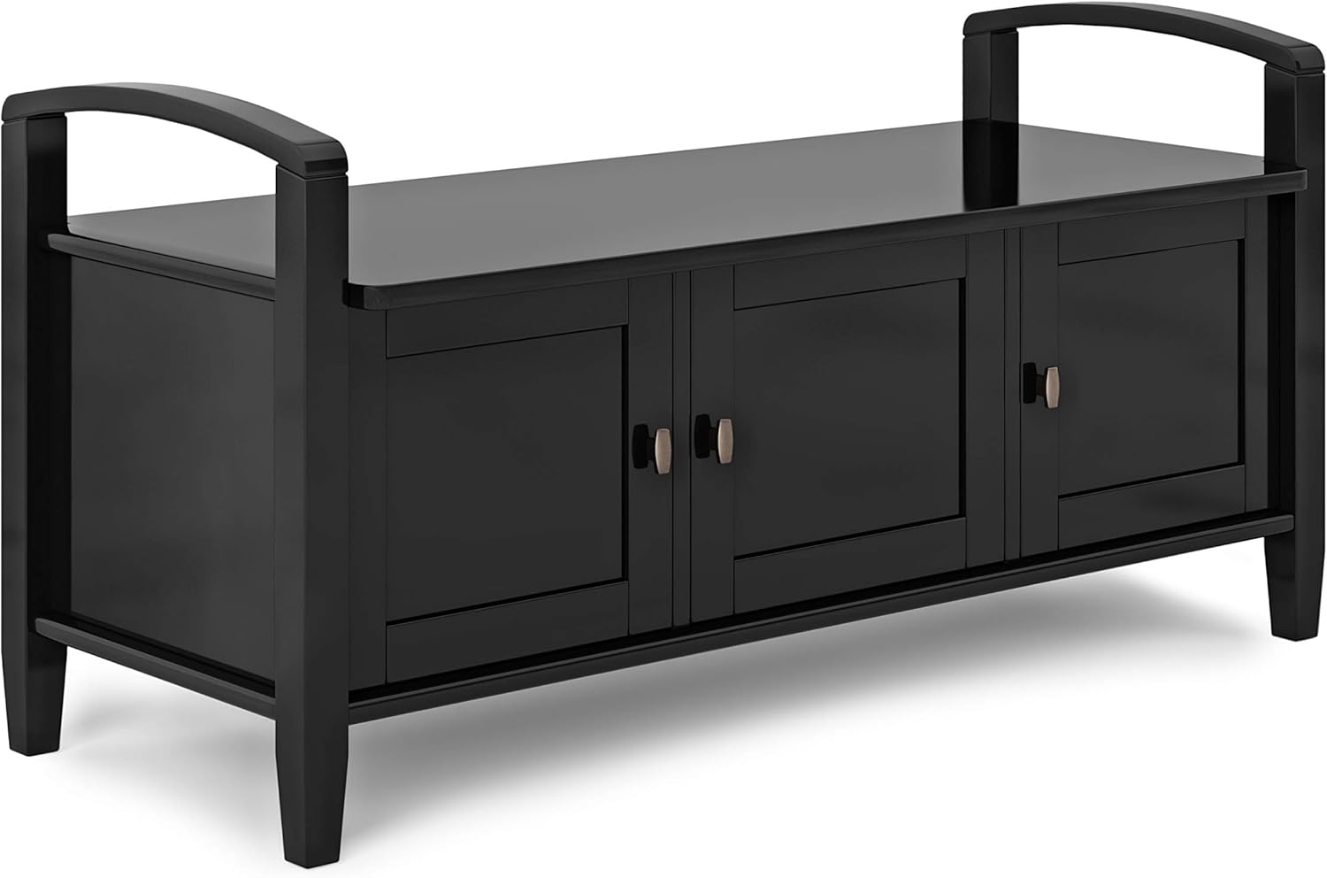 SIMPLIHOME Warm SOLID WOOD 44 inch Wide Entryway Storage Bench with 3 Doors, Multifunctional Rustic inBlack