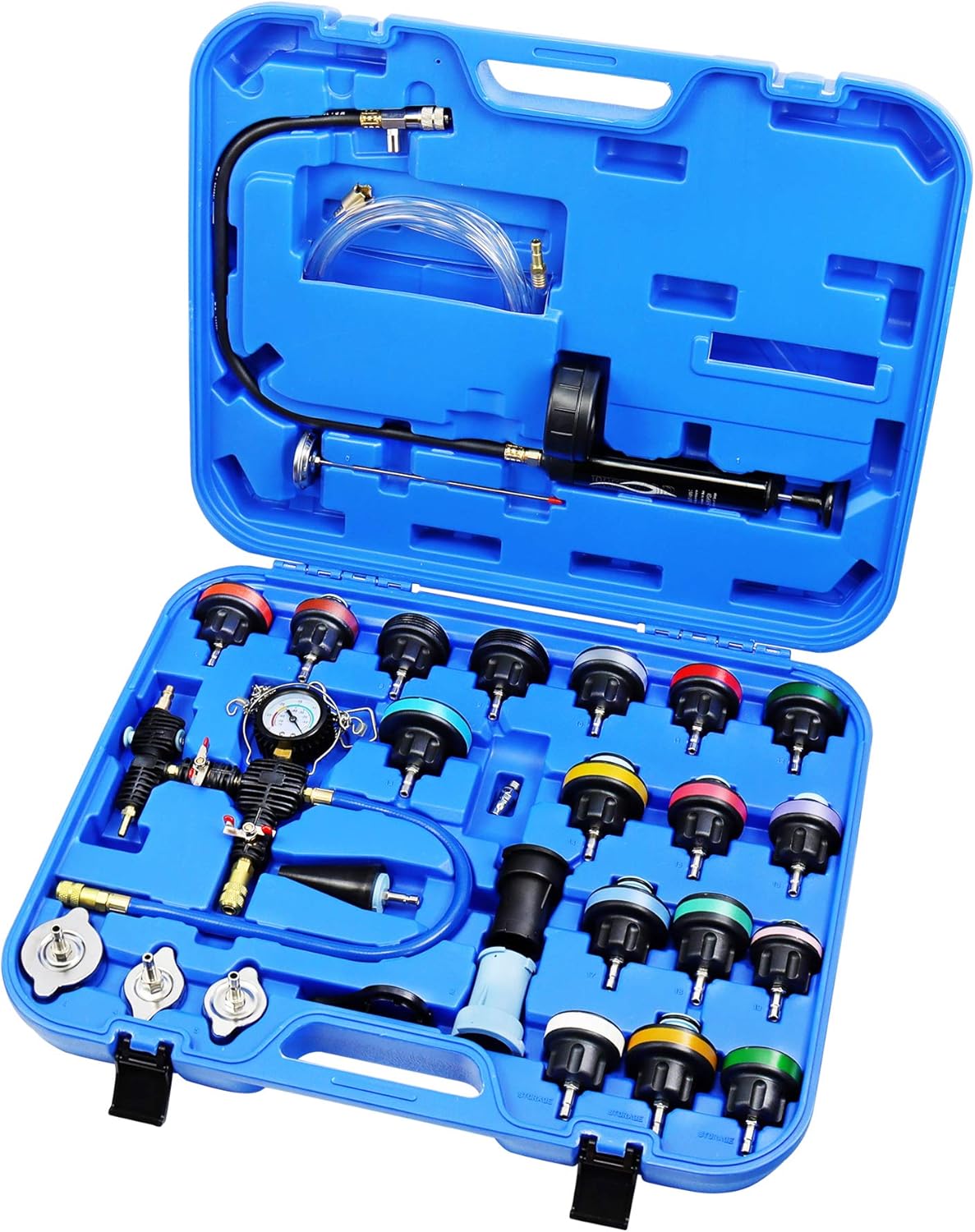 JIFETOR Radiator Pressure Leakage Tester Vacuum Cooling System Purge Coolant Refill Tool Kit 28PCS Universal Automotive Water Tank Leak Test Detector Pneumatic Vacuum Coolant Change Set