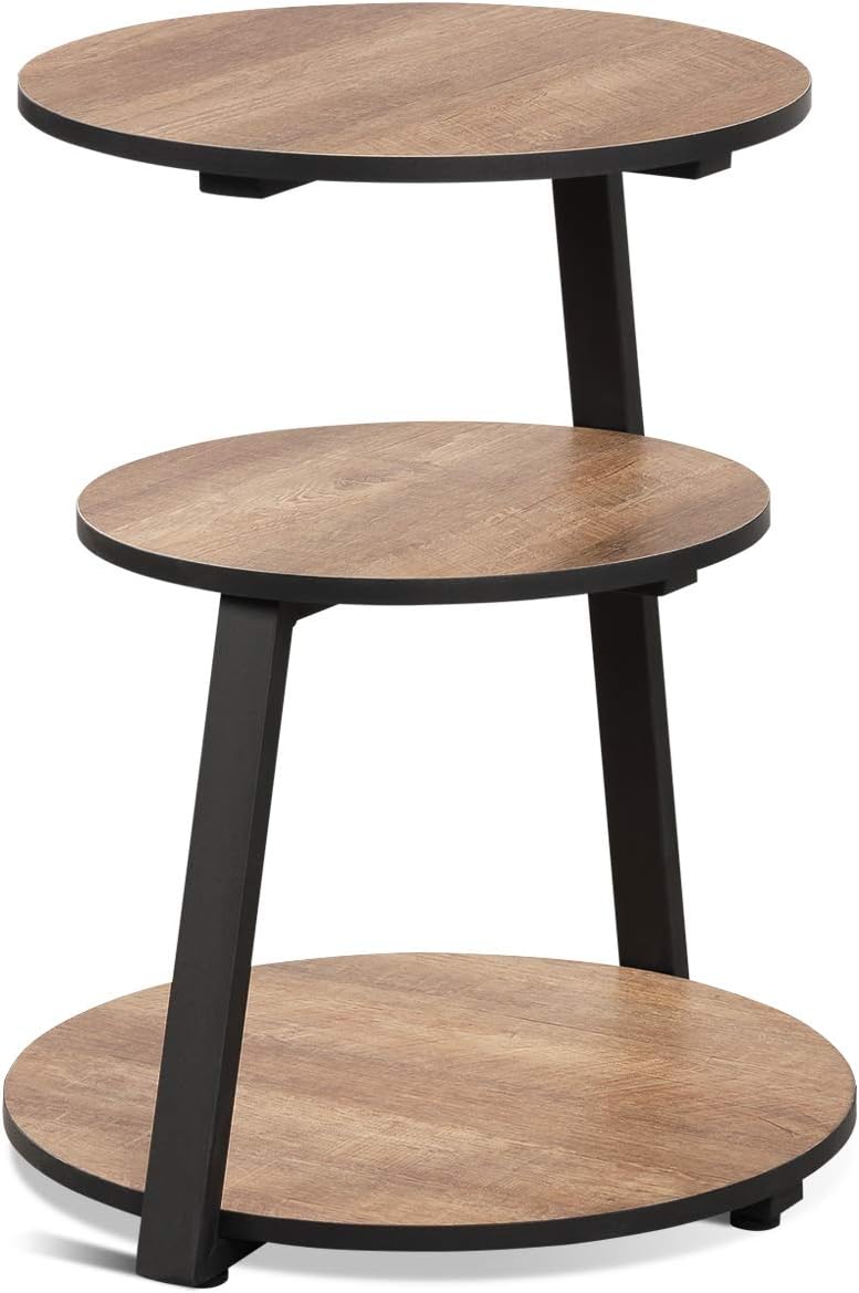 Safstar End Table, Round Accent Sofa Side Table with 3-Tier Wooden Shelf and Metal Frame, Mid Century Vintage Tea Table Beside Table for Living Room Bedroom (1)