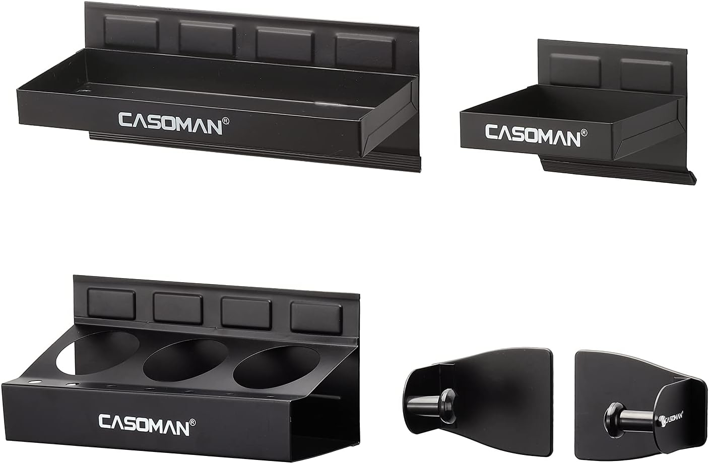 CASOMAN Magnetic Toolbox Shelf, Tray, Paper Towel Holder, 4-Piece Set, Black, Variety of Use, Durable, Magnets any metal surface